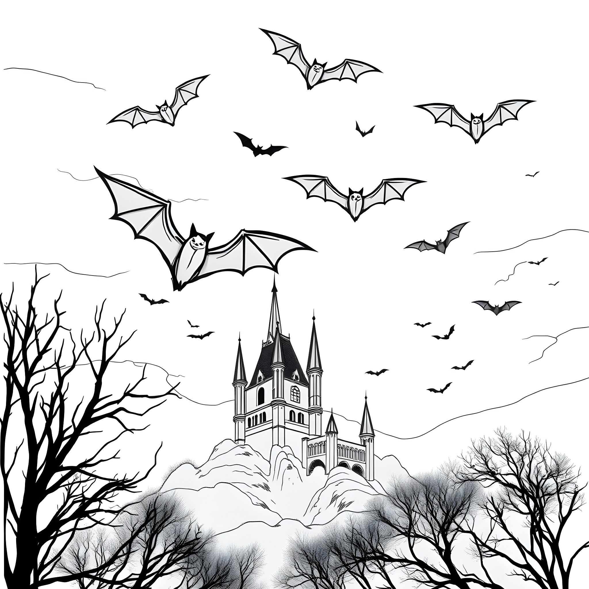 Bats flying over eerie castle in haunting night Coloring Page (free black-and-white line drawing printable PDF for all, from beginners to advanced learners, including children, teens, adults, and seniors)