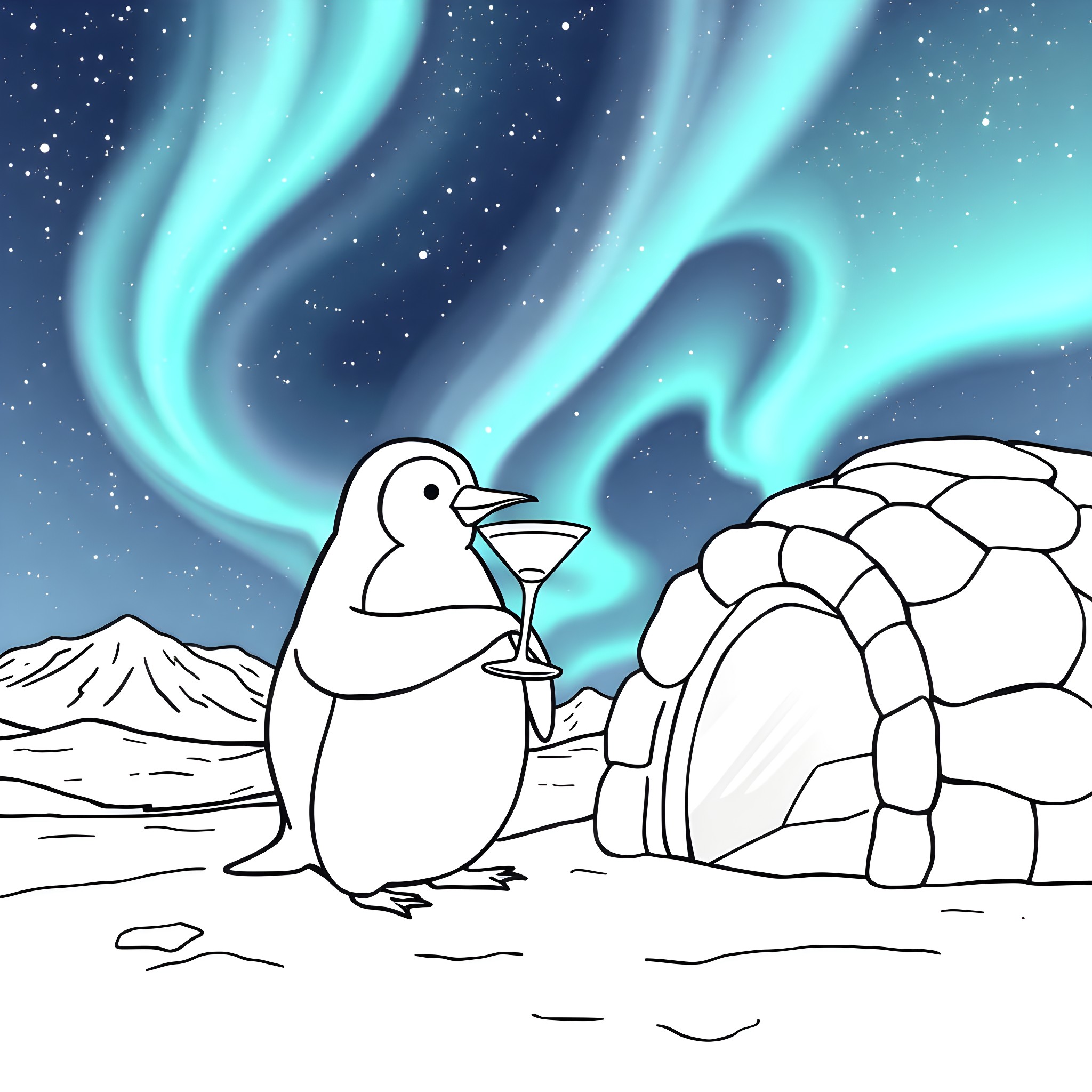 Penguin enjoying a drink under the northern lights Coloring Page (free black-and-white line drawing printable PDF for all, from beginners to advanced learners, including children, teens, adults, and seniors)