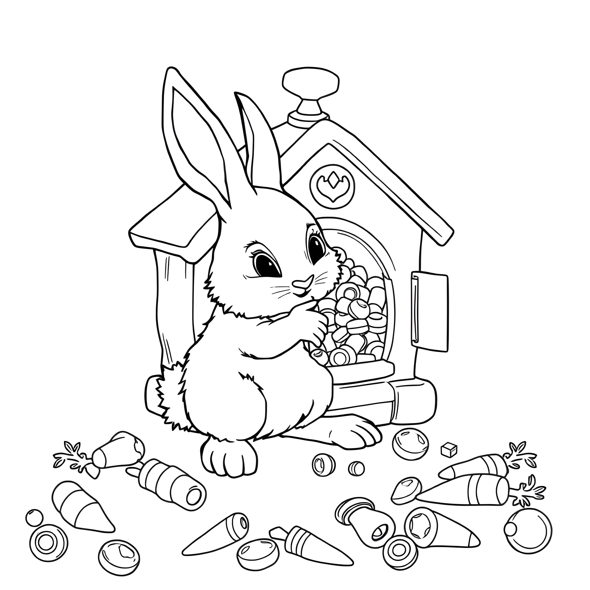 Rabbit enjoying treats in a cozy cottage Coloring Page (free black-and-white line drawing printable PDF for all, from beginners to advanced learners, including children, teens, adults, and seniors)