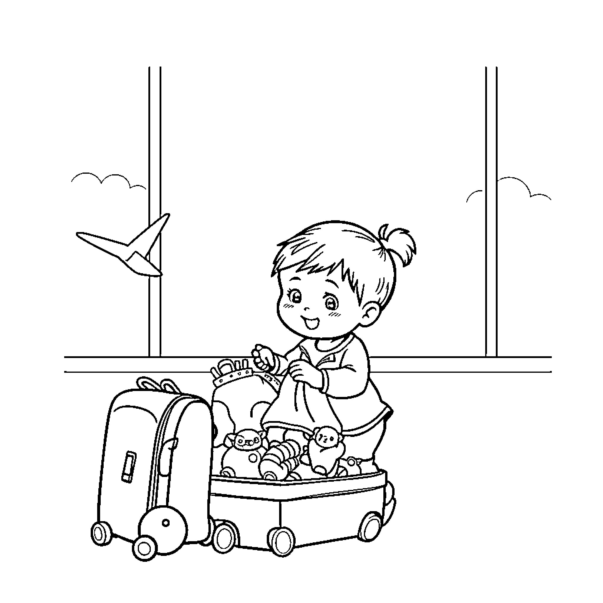 Baby Packing Toys in Suitcase for Travel Coloring Page (free black-and-white line drawing printable PDF for all, from beginners to advanced learners, including children, teens, adults, and seniors)