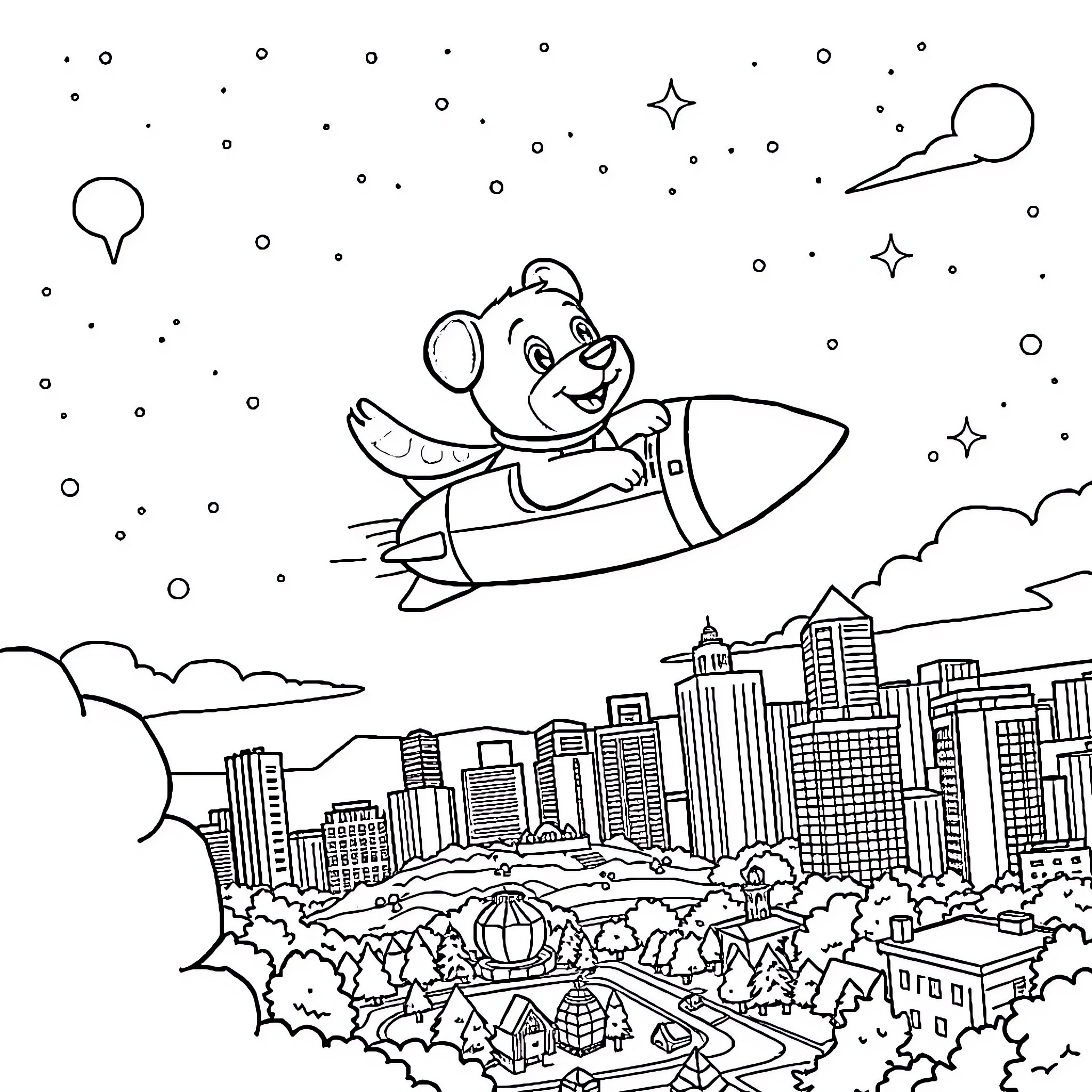 Bluey soaring in a rocket over the city Coloring Page (free black-and-white line drawing printable PDF for all, from beginners to advanced learners, including children, teens, adults, and seniors)