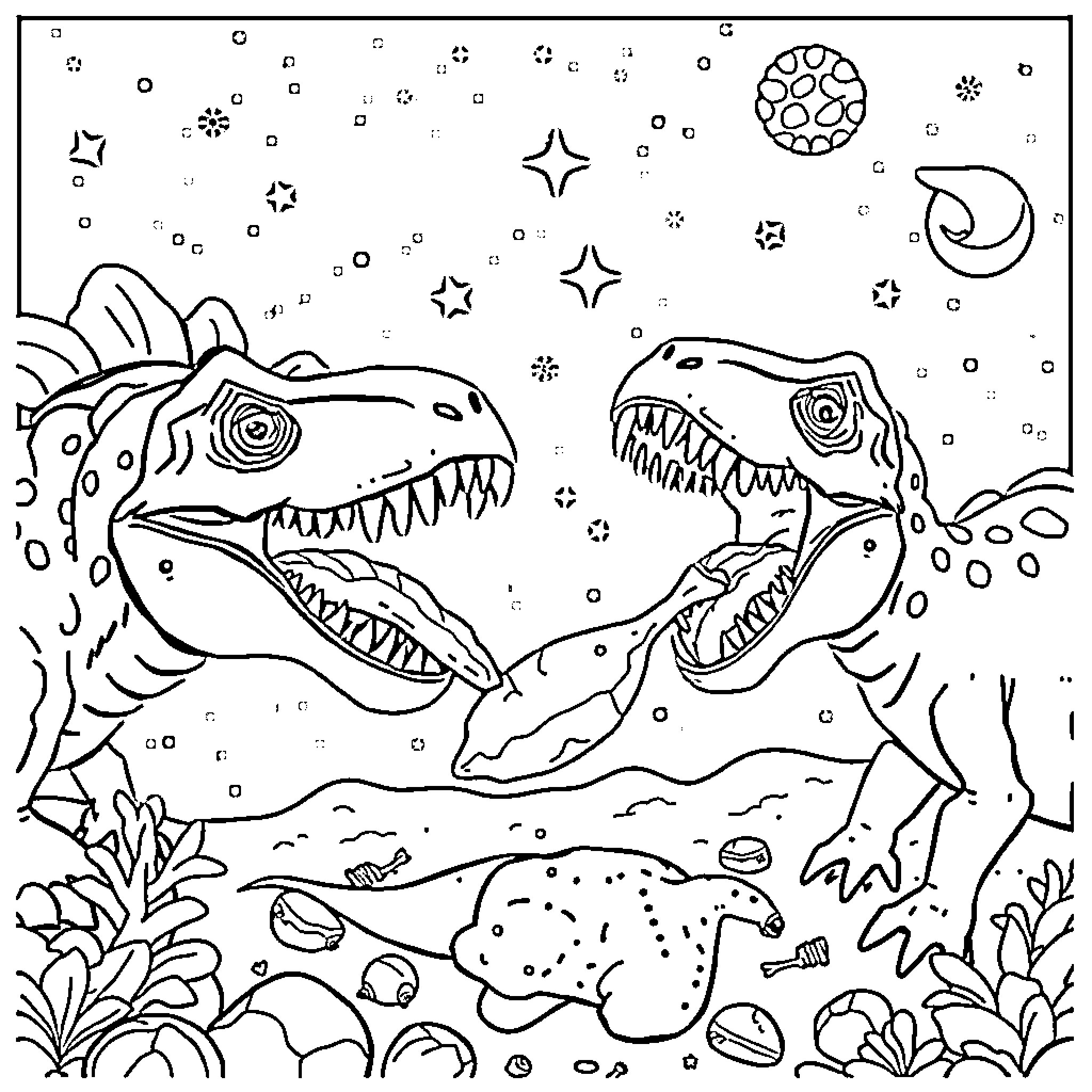 Dinosaur friends exploring the starry night sky Coloring Page (free black-and-white line drawing printable PDF for all, from beginners to advanced learners, including children, teens, adults, and seniors)