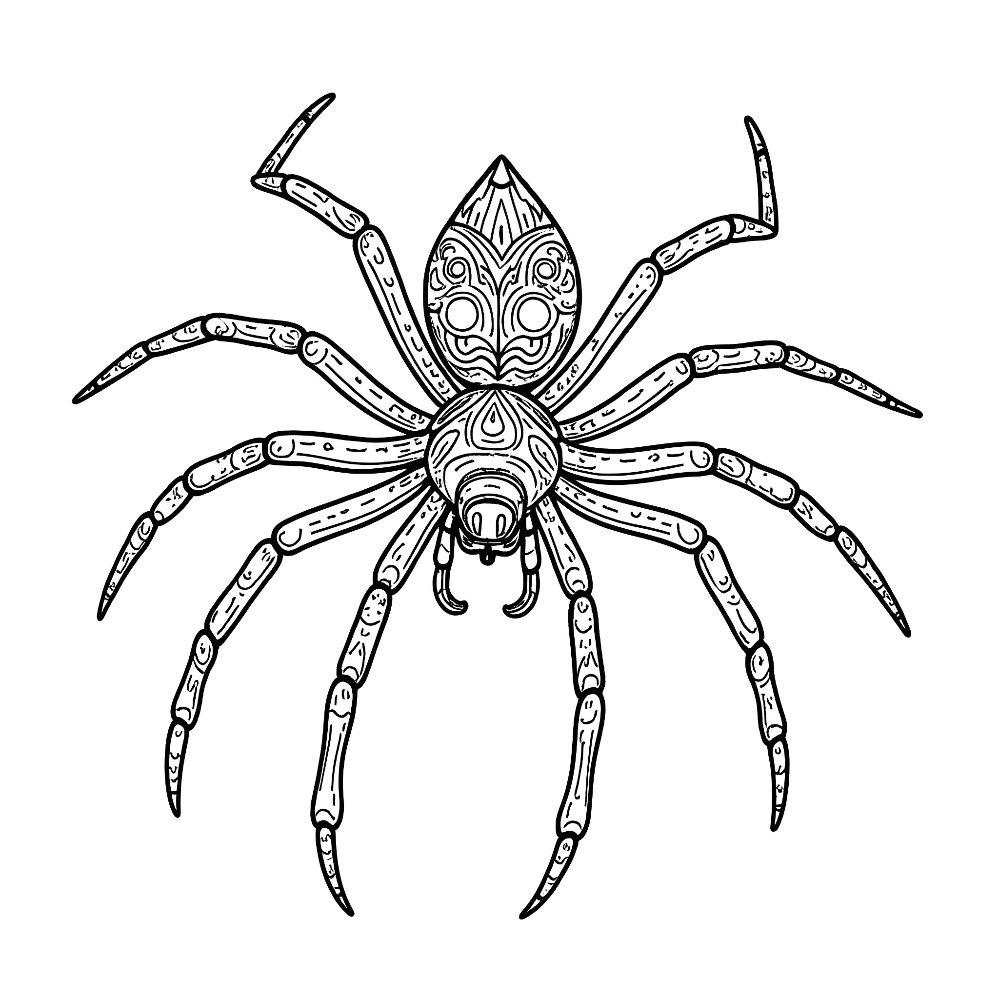 Spider with intricate patterned body and legs Coloring Page (free black-and-white line drawing printable PDF for all, from beginners to advanced learners, including children, teens, adults, and seniors)