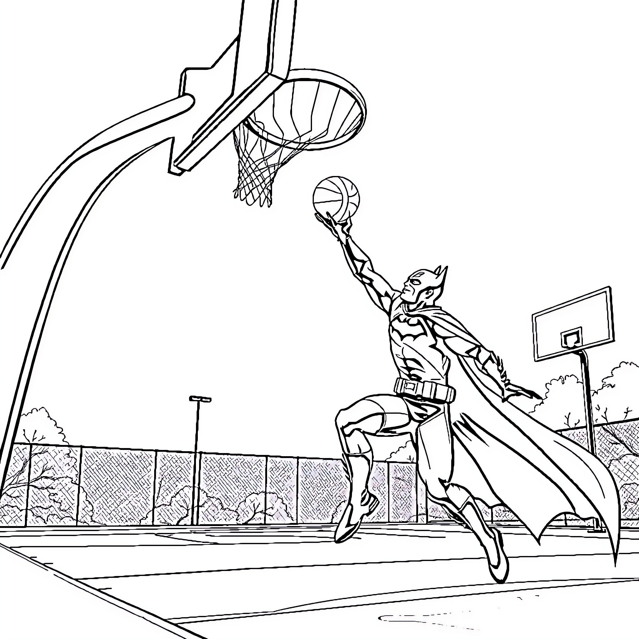 Batman Making a Basketball Dunk on the Court Coloring Page (free black-and-white line drawing printable PDF for all, from beginners to advanced learners, including children, teens, adults, and seniors)