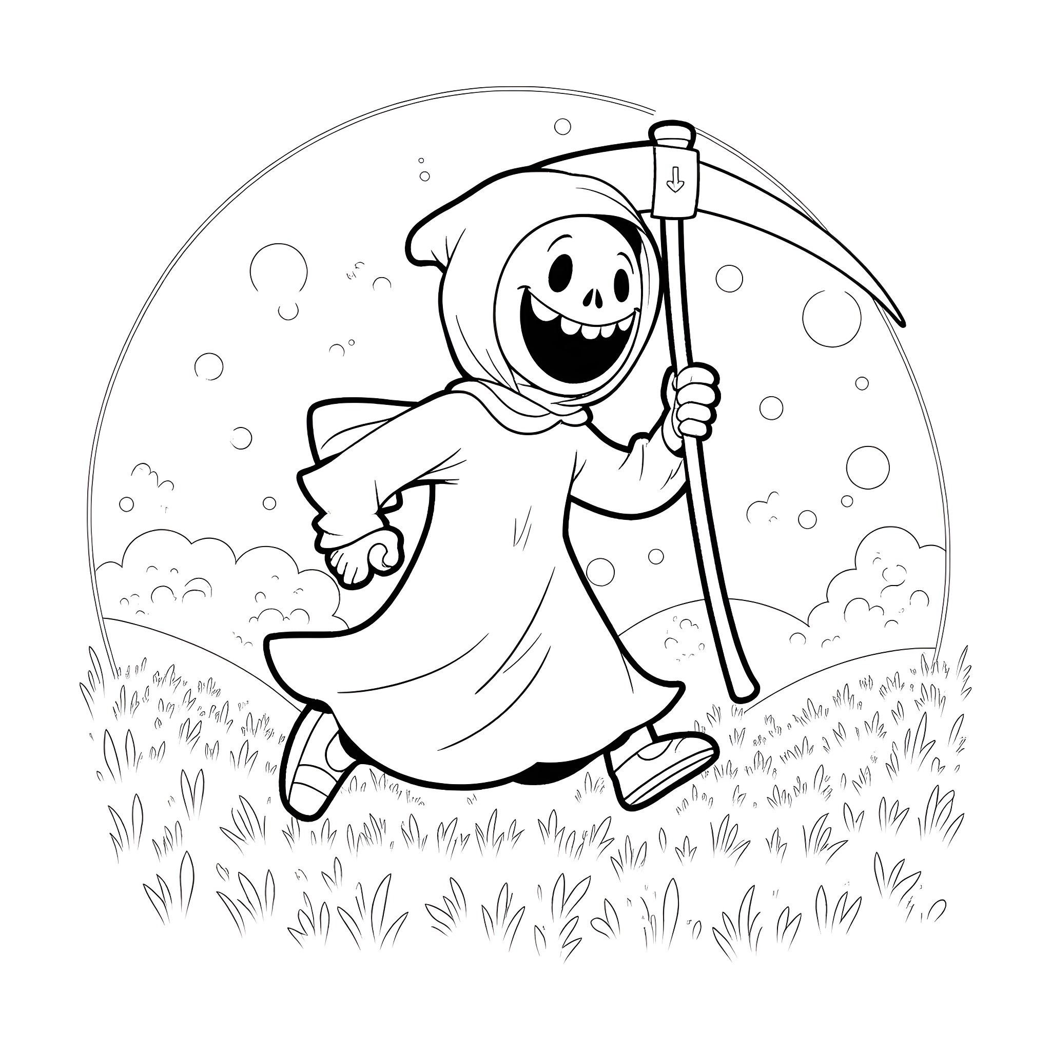 Grim Reaper happily strolling in a field Coloring Page (free black-and-white line drawing printable PDF for all, from beginners to advanced learners, including children, teens, adults, and seniors)