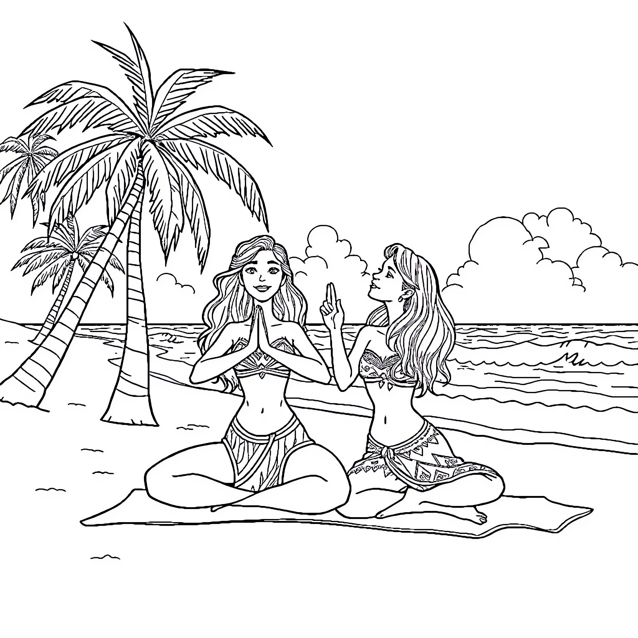 Moana and friend meditating on the beach Coloring Page (free black-and-white line drawing printable PDF for all, from beginners to advanced learners, including children, teens, adults, and seniors)
