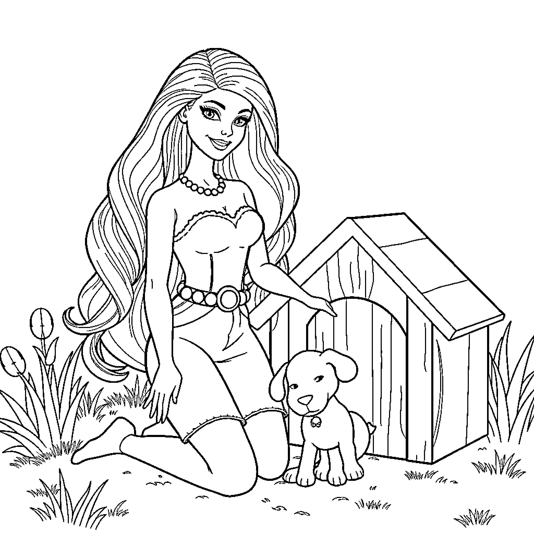 Barbie relaxing outdoors with her puppy companion Coloring Page (free black-and-white line drawing printable PDF for all, from beginners to advanced learners, including children, teens, adults, and seniors)