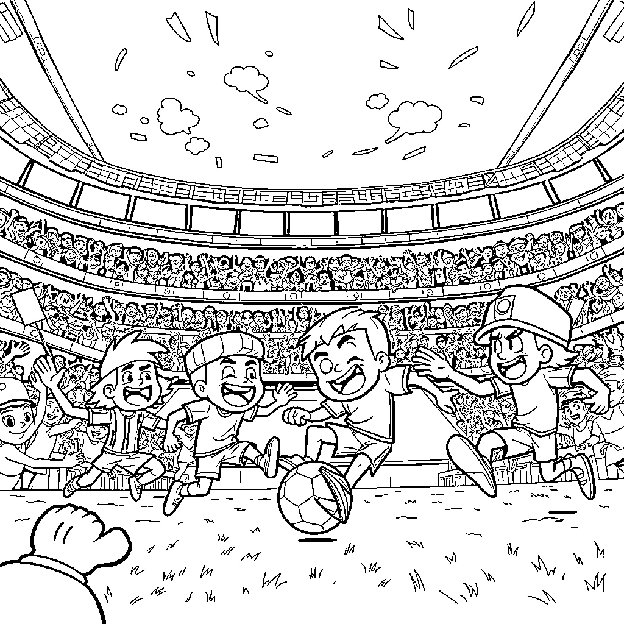 Brawl Stars: Exciting Soccer Match in Stadium Coloring Page (free black-and-white line drawing printable PDF for all, from beginners to advanced learners, including children, teens, adults, and seniors)