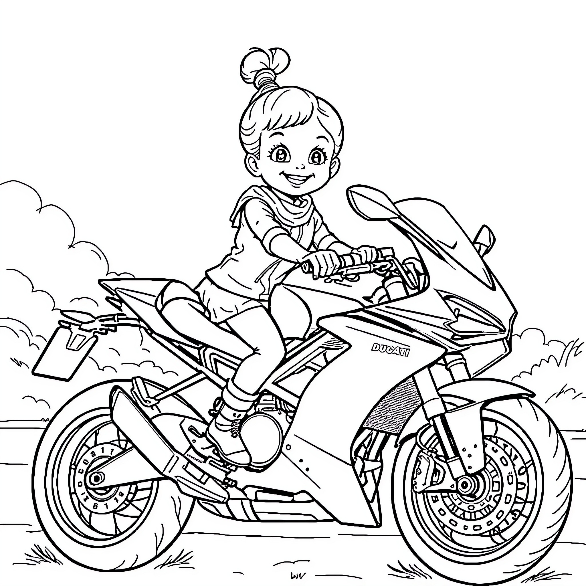 Fille riding an exciting motorcycle Coloring Page (free black-and-white line drawing printable PDF for all, from beginners to advanced learners, including children, teens, adults, and seniors)