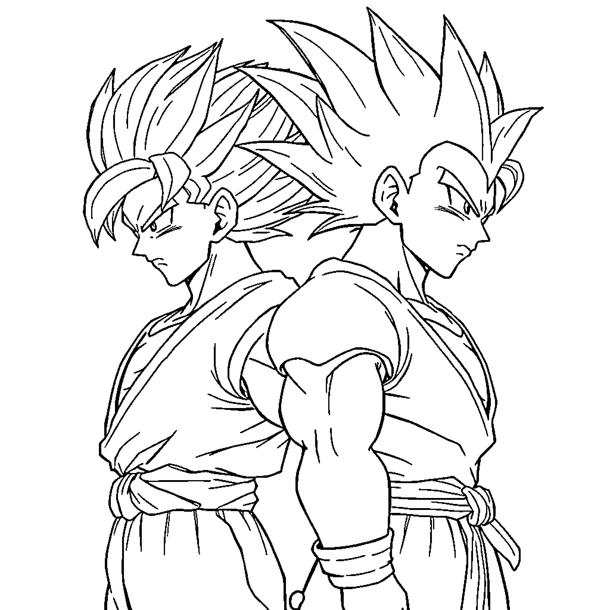 Goku and Vegeta in intense combat poses Coloring Page (free black-and-white line drawing printable PDF for all, from beginners to advanced learners, including children, teens, adults, and seniors)