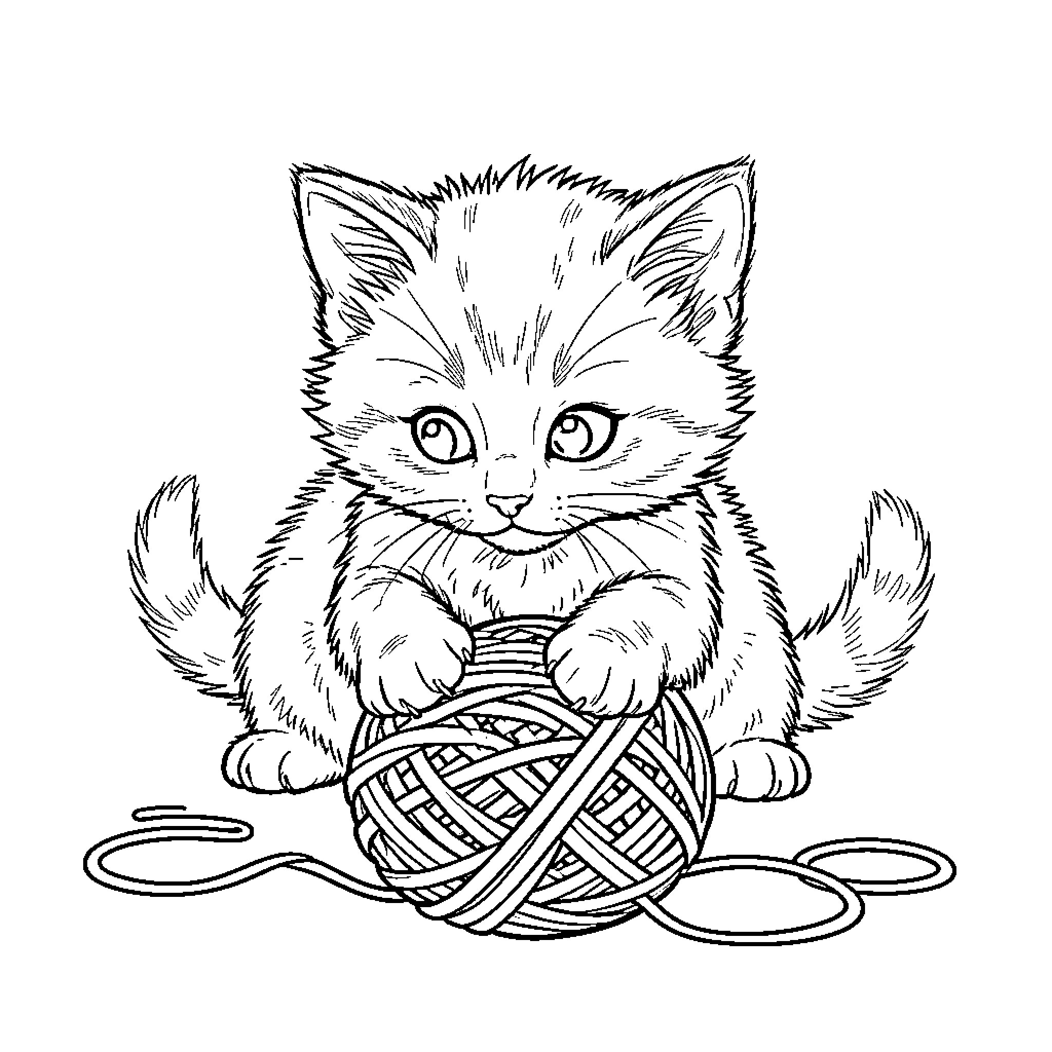 Kitten playing with a ball of yarn Coloring Page (free black-and-white line drawing printable PDF for all, from beginners to advanced learners, including children, teens, adults, and seniors)