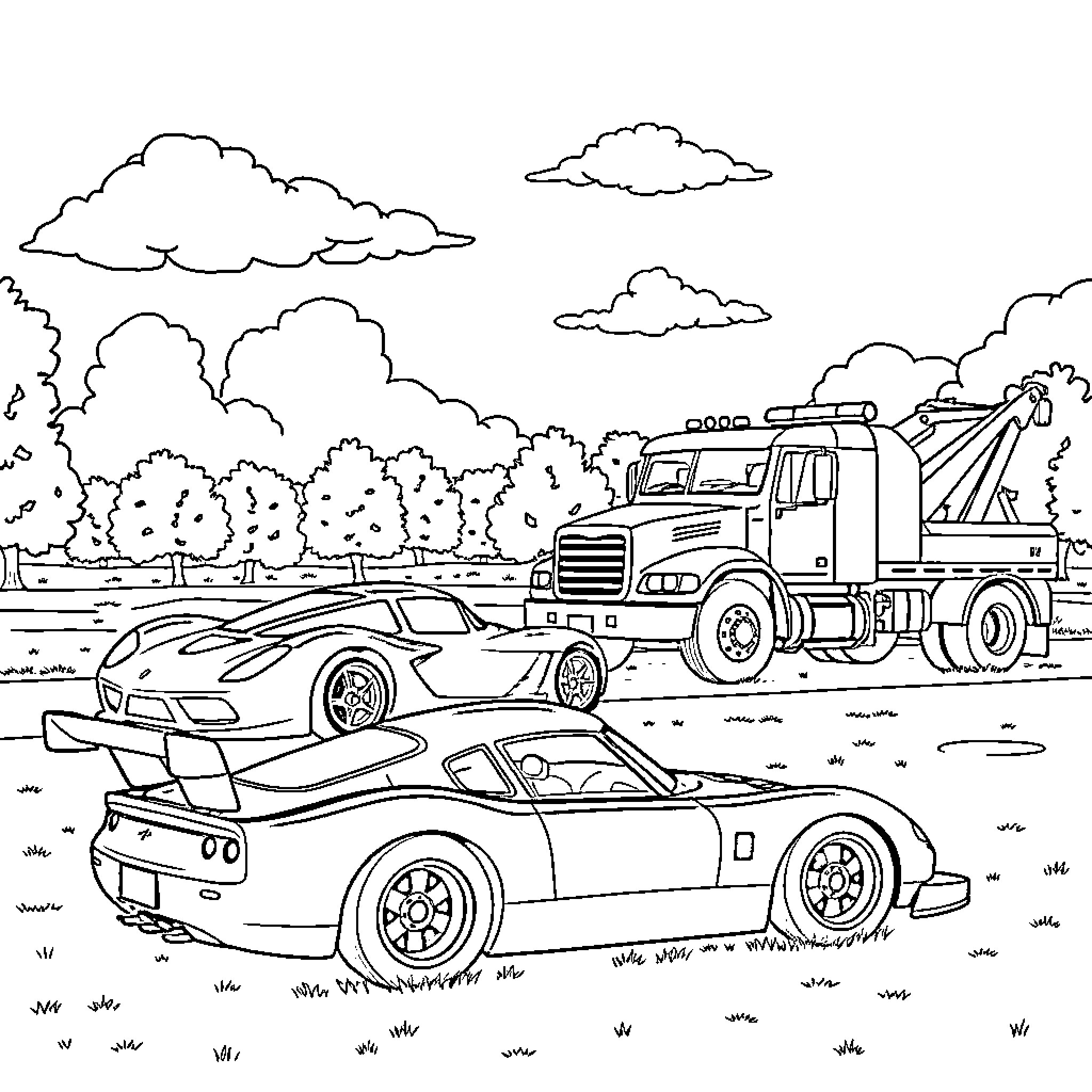 Racecar drivers navigate winding road with tow truck Coloring Page (free black-and-white line drawing printable PDF for all, from beginners to advanced learners, including children, teens, adults, and seniors)