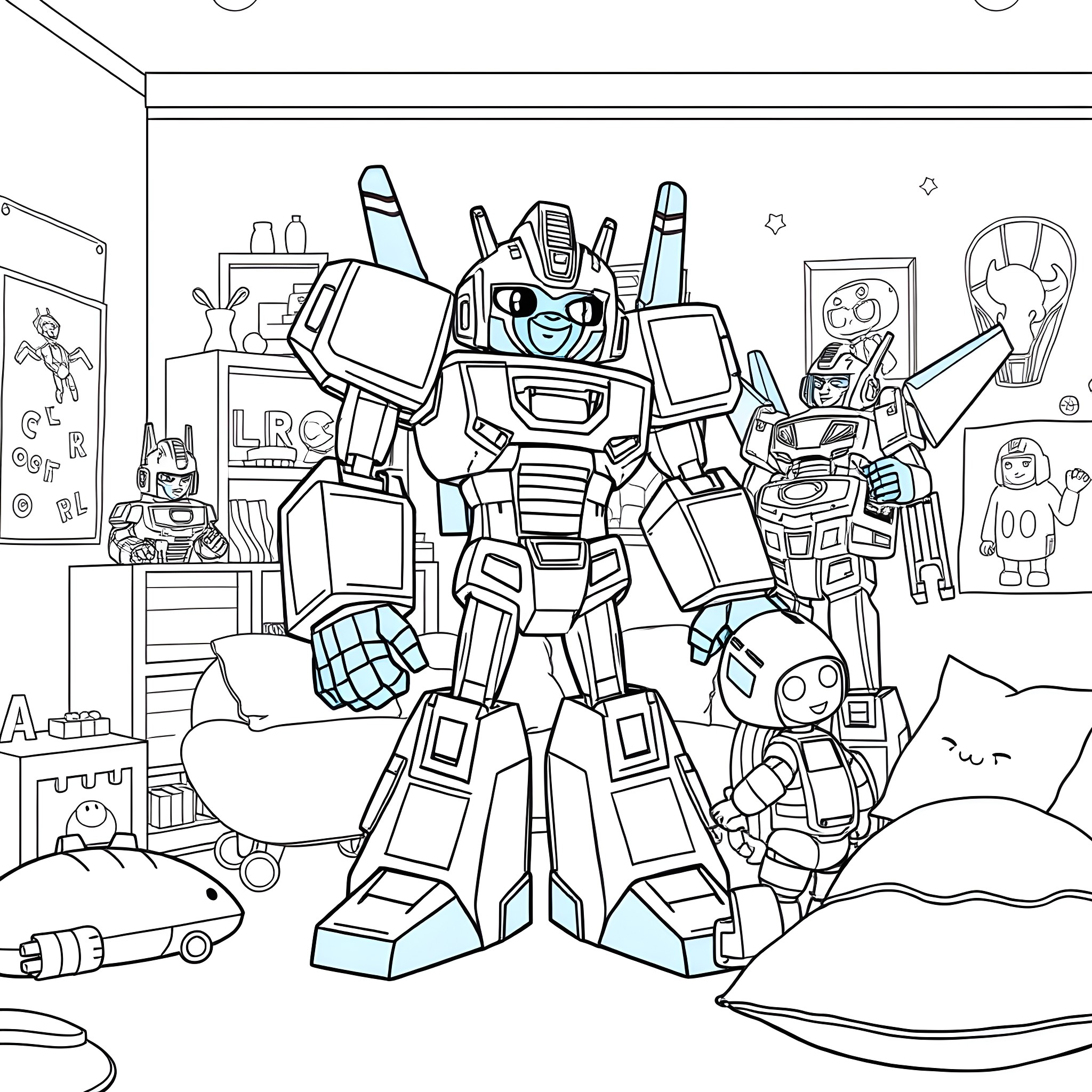 Bluey's Robot Wonderland Coloring Page (free black-and-white line drawing printable PDF for all, from beginners to advanced learners, including children, teens, adults, and seniors)