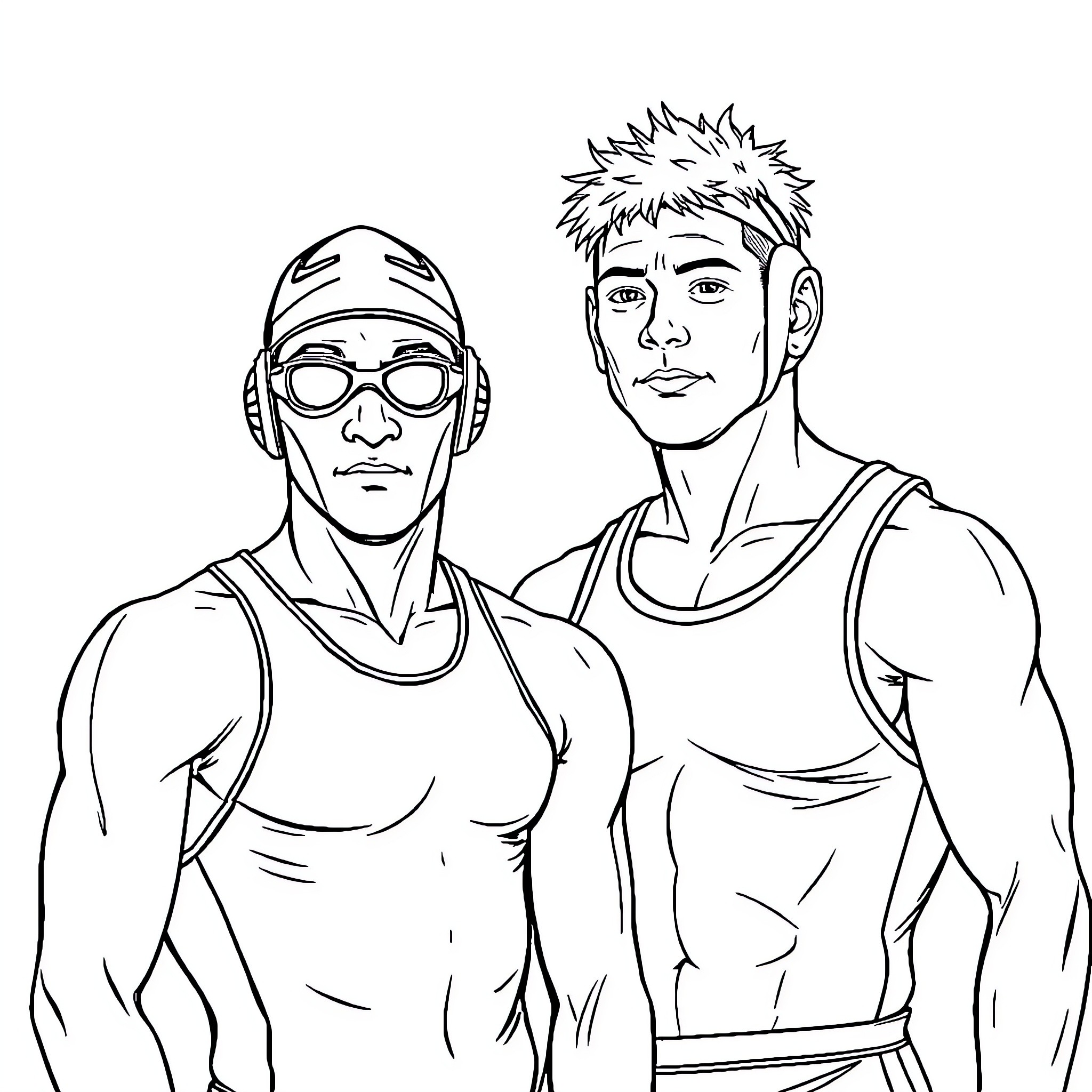 Water Polo Players in Intense Game Action Coloring Page (free black-and-white line drawing printable PDF for all, from beginners to advanced learners, including children, teens, adults, and seniors)