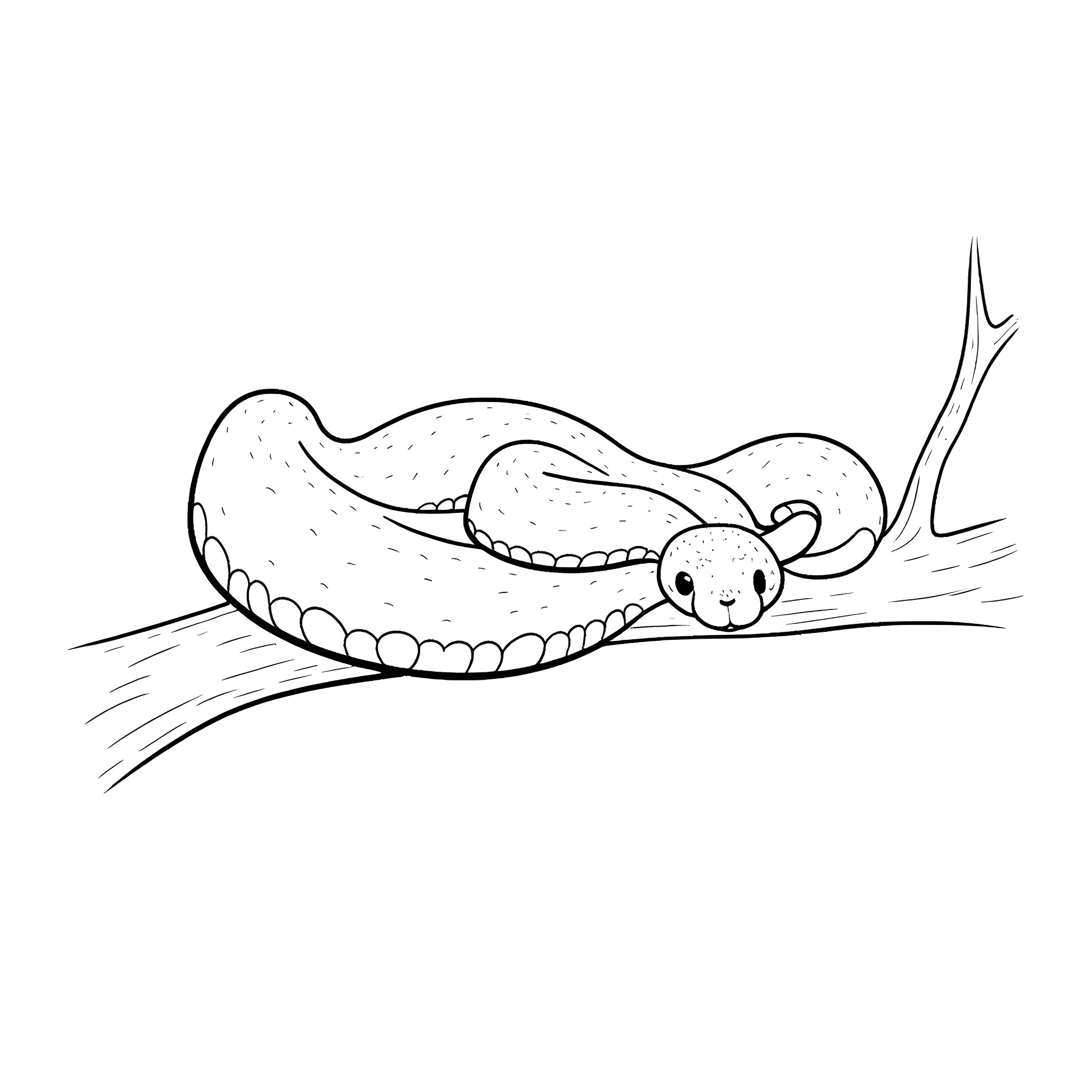 Snek resting peacefully on a branch Coloring Page (free black-and-white line drawing printable PDF for all, from beginners to advanced learners, including children, teens, adults, and seniors)