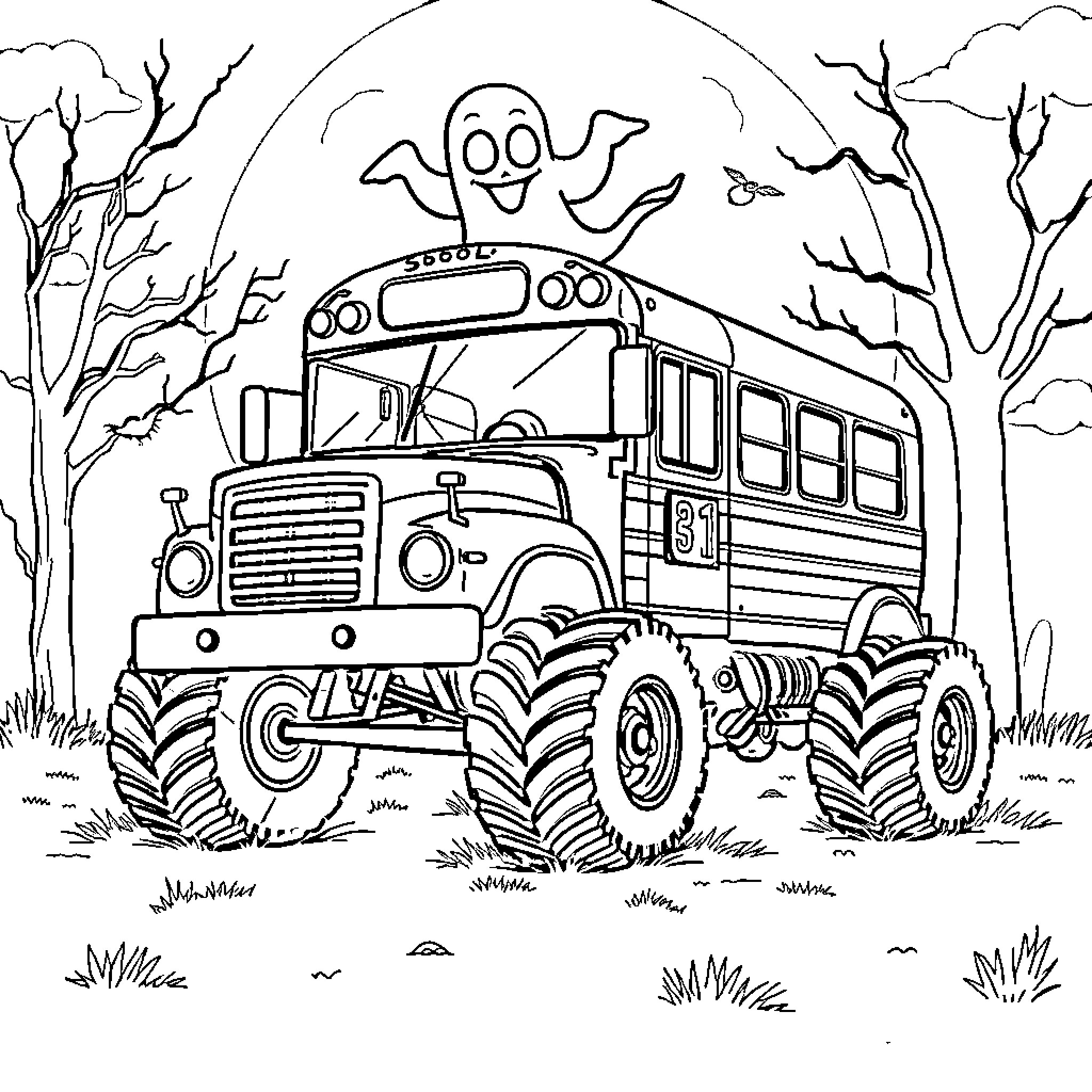 School Bus in Spooky Woods with Friendly Ghost Coloring Page (free black-and-white line drawing printable PDF for all, from beginners to advanced learners, including children, teens, adults, and seniors)