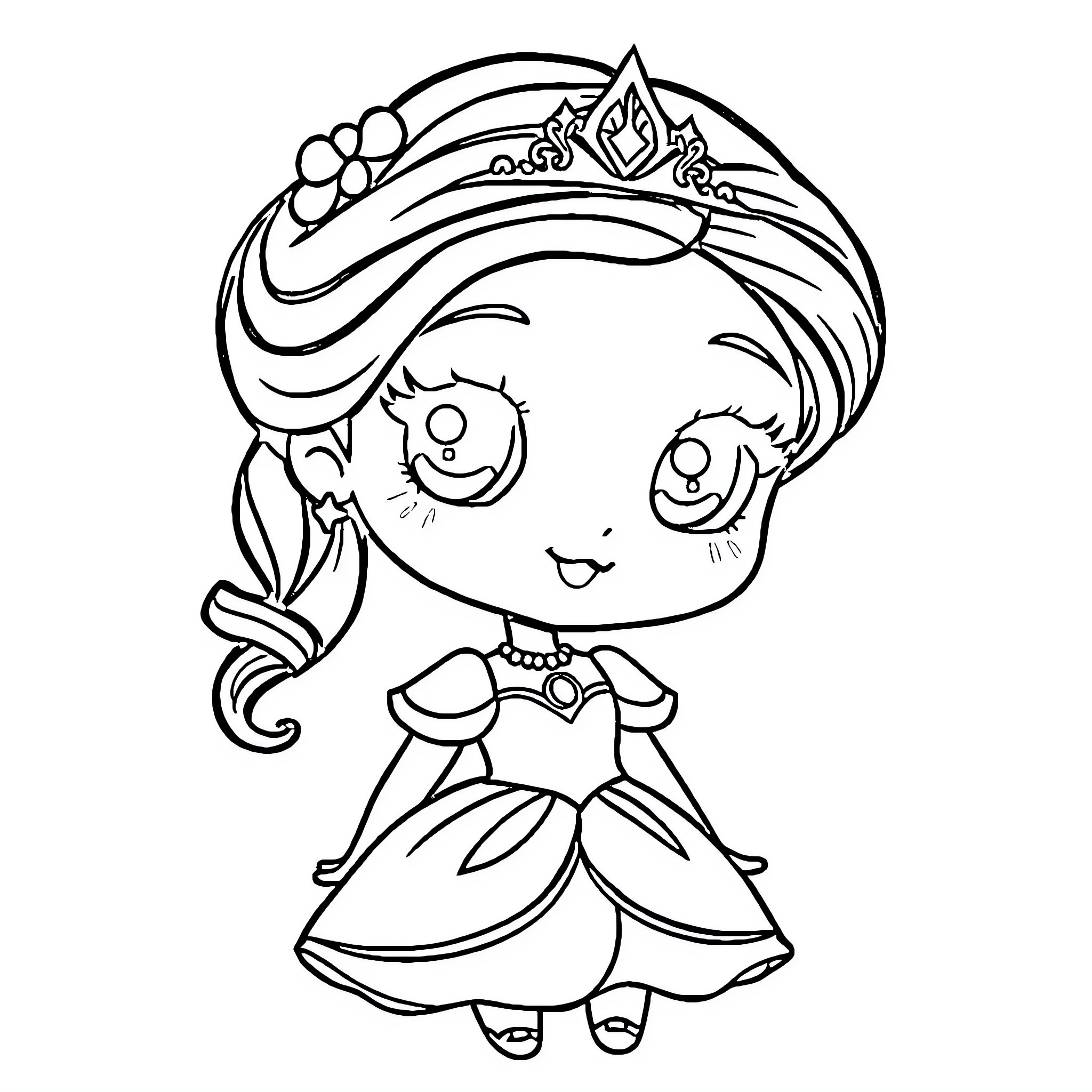 Princess joyfully wearing her crown and dress Coloring Page (free black-and-white line drawing printable PDF for all, from beginners to advanced learners, including children, teens, adults, and seniors)