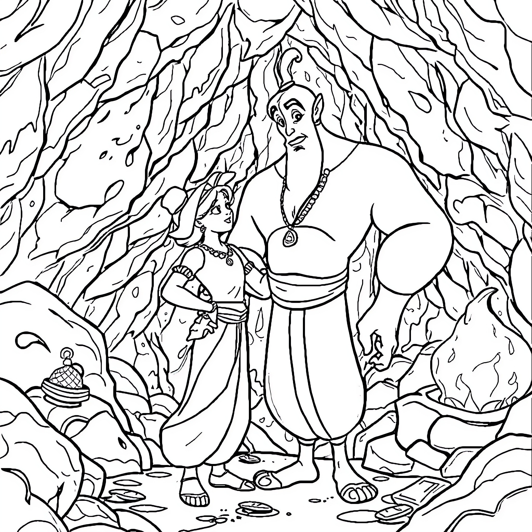 Aladdin and Jasmine exploring the magical cave Coloring Page (free black-and-white line drawing printable PDF for all, from beginners to advanced learners, including children, teens, adults, and seniors)