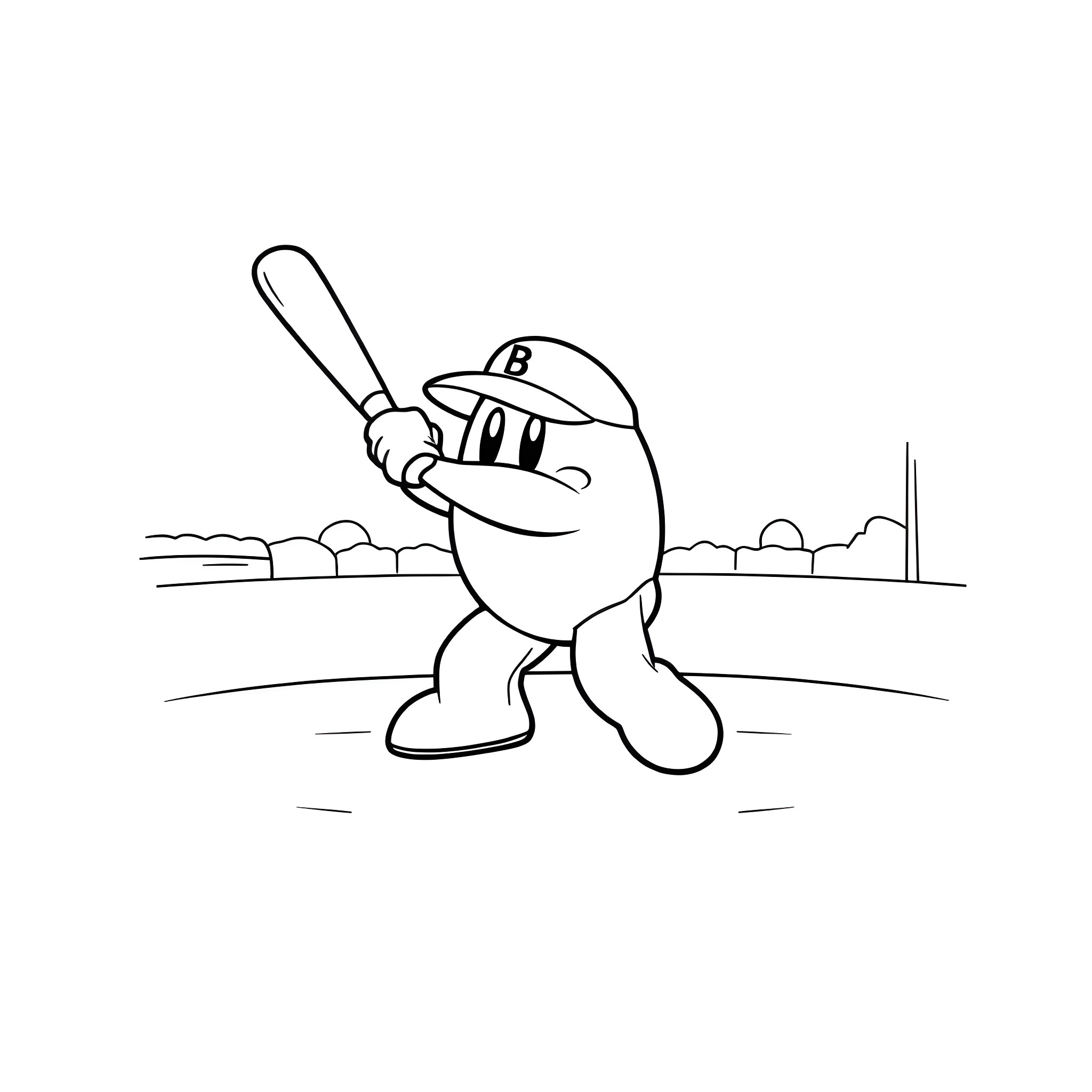 Kirby playing baseball on the field Coloring Page (free black-and-white line drawing printable PDF for all, from beginners to advanced learners, including children, teens, adults, and seniors)
