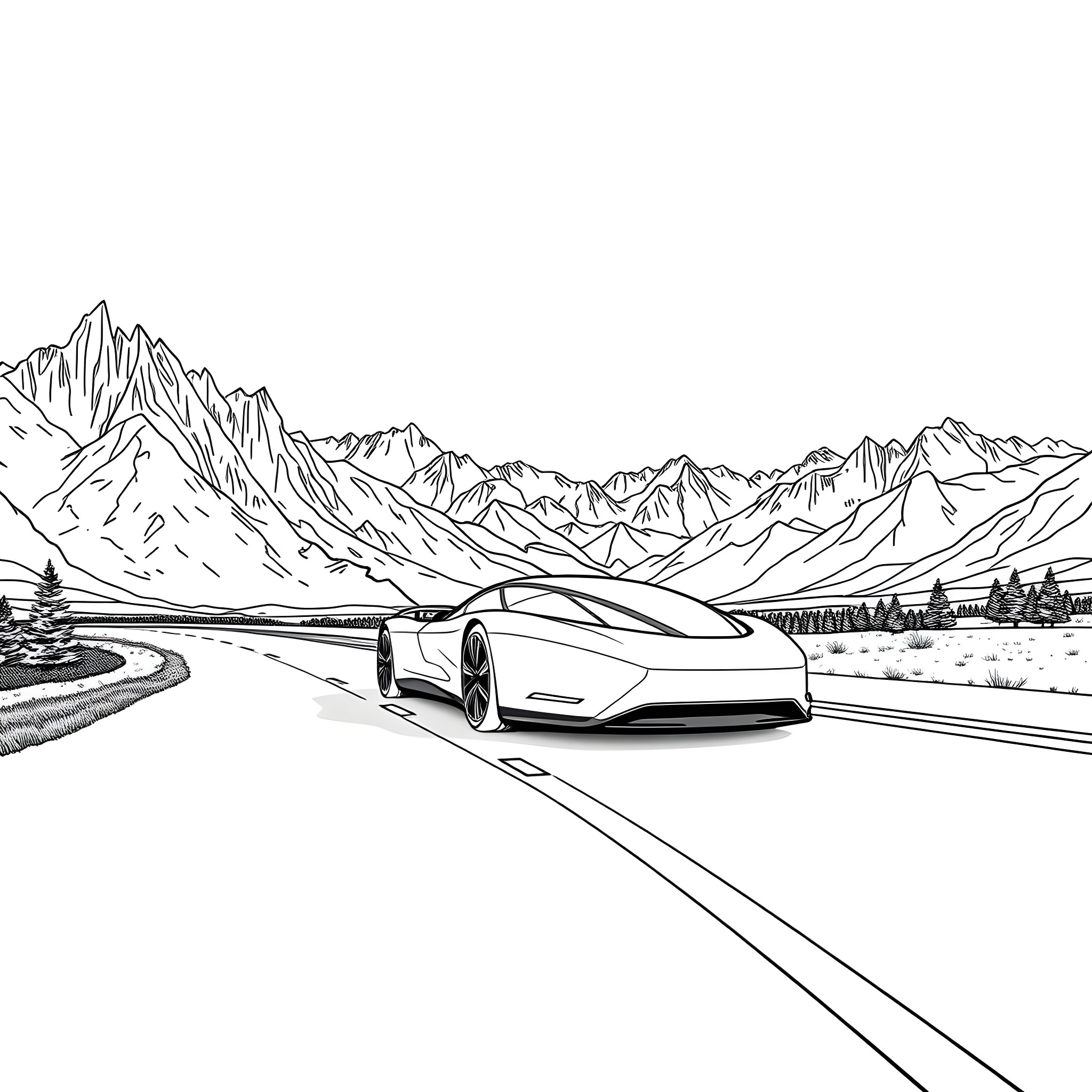 Tesla sports car racing through mountain landscape Coloring Page (free black-and-white line drawing printable PDF for all, from beginners to advanced learners, including children, teens, adults, and seniors)