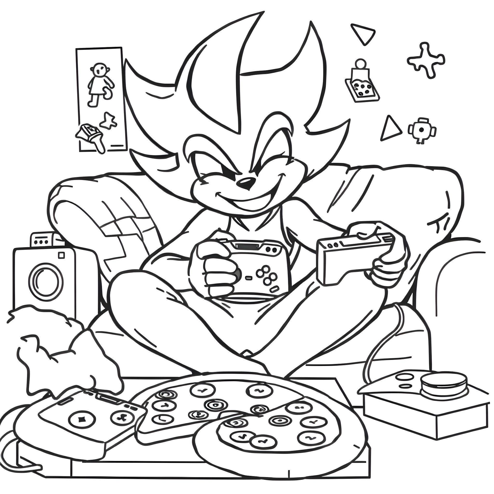 Super Shadow playing video games with gaming accessories Coloring Page (free black-and-white line drawing printable PDF for all, from beginners to advanced learners, including children, teens, adults, and seniors)