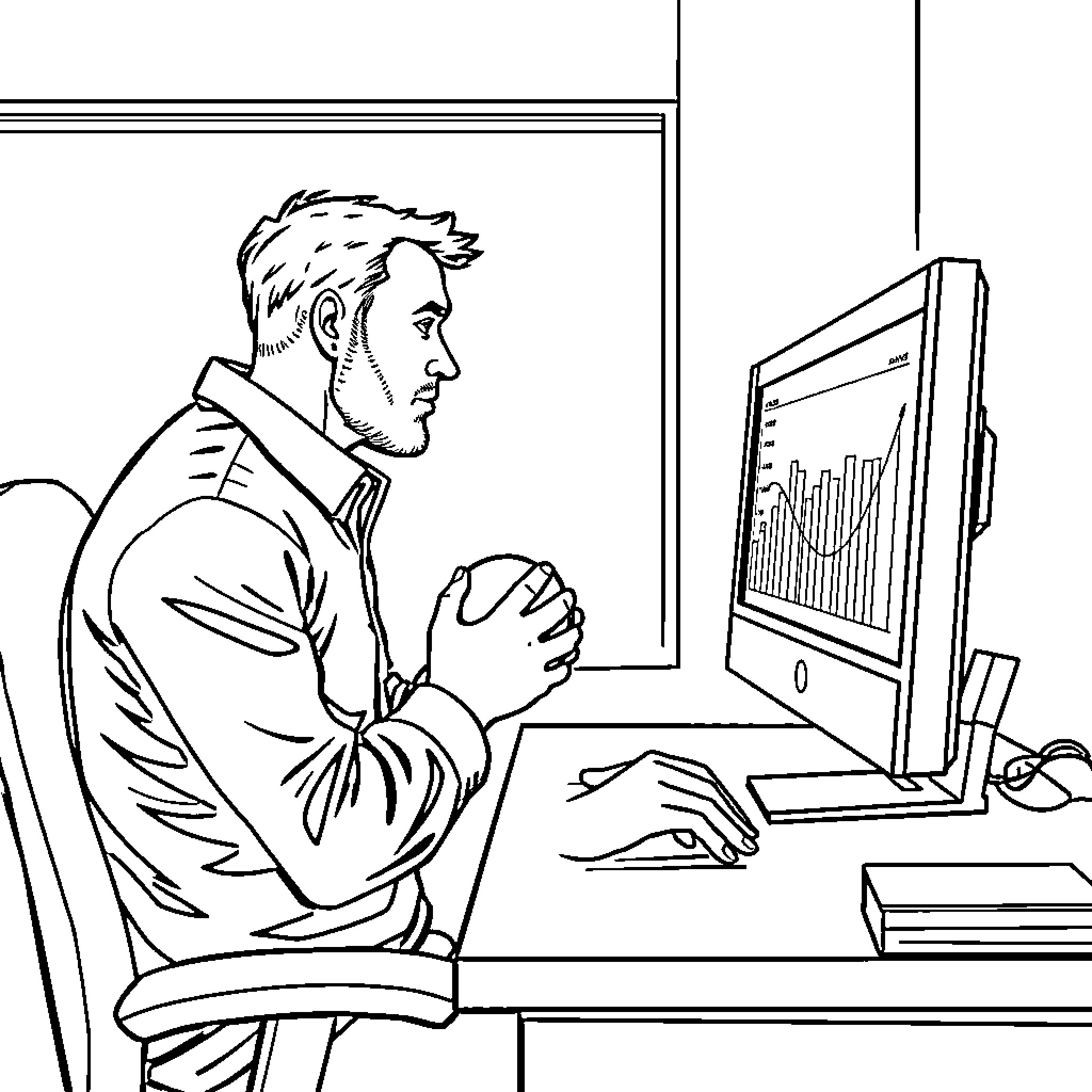 Man focused at computer screen working intently Coloring Page (free black-and-white line drawing printable PDF for all, from beginners to advanced learners, including children, teens, adults, and seniors)