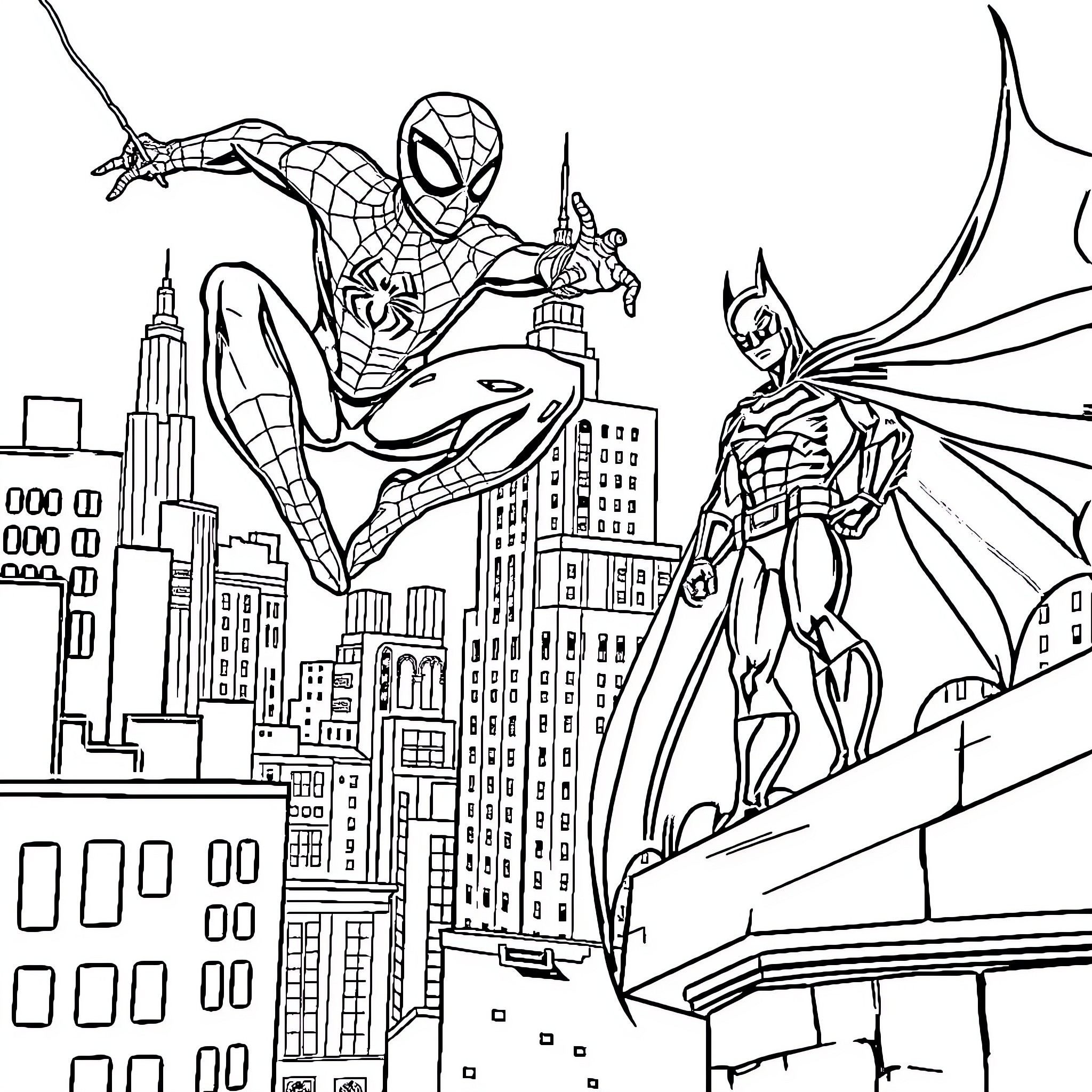 Spider-Man and Batman Teaming Up to Protect the City Coloring Page (free black-and-white line drawing printable PDF for all, from beginners to advanced learners, including children, teens, adults, and seniors)