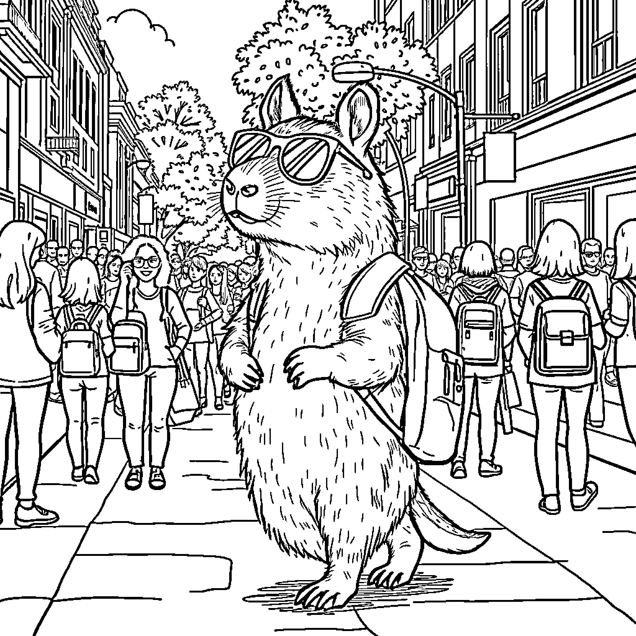 Capybara enjoying a lively city street scene Coloring Page (free black-and-white line drawing printable PDF for all, from beginners to advanced learners, including children, teens, adults, and seniors)