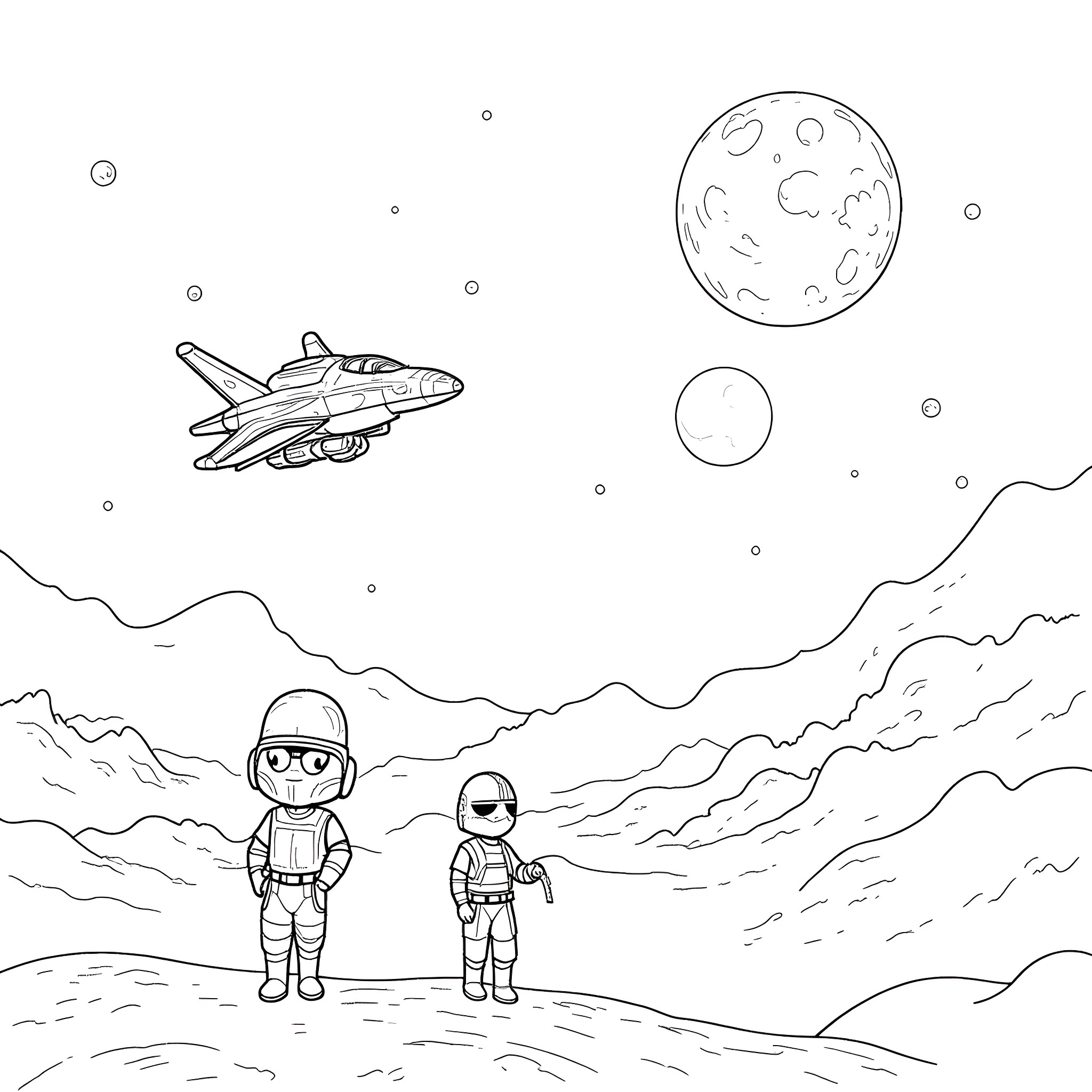 Star Wars Astronauts Exploring Alien Landscape Coloring Page (free black-and-white line drawing printable PDF for all, from beginners to advanced learners, including children, teens, adults, and seniors)