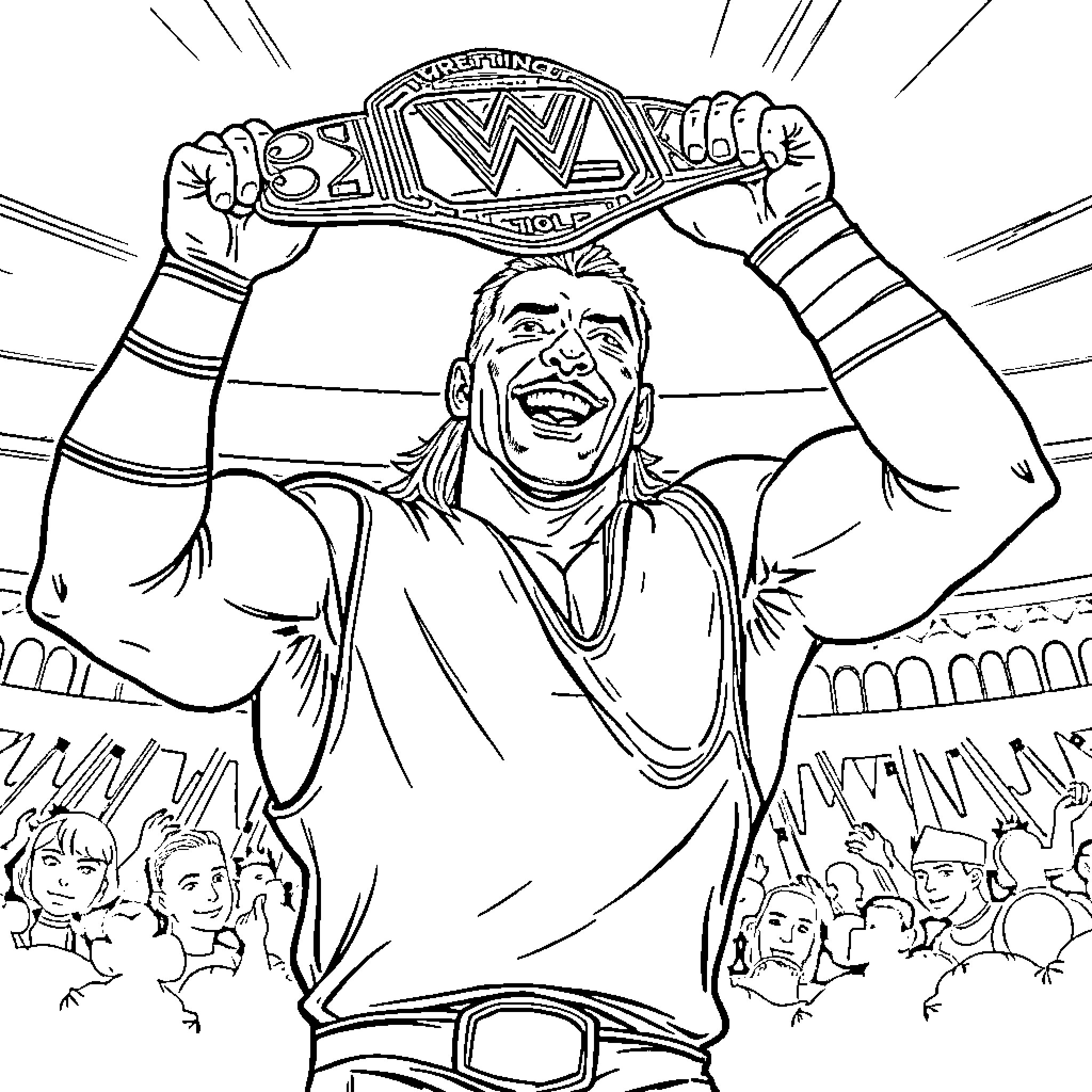Wrestler celebrating victory with championship belt Coloring Page (free black-and-white line drawing printable PDF for all, from beginners to advanced learners, including children, teens, adults, and seniors)