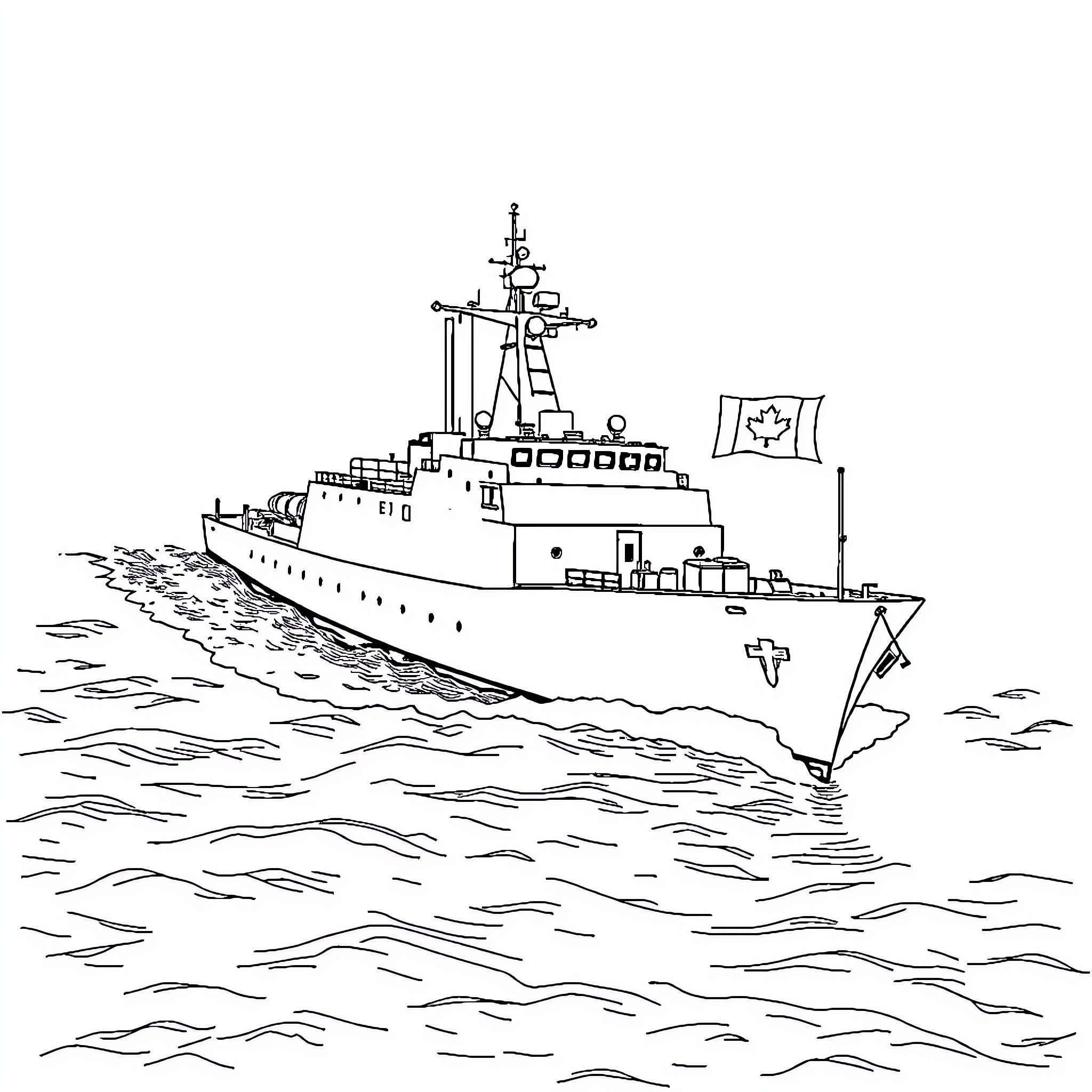 Frigate sailing on the open waters Coloring Page (free black-and-white line drawing printable PDF for all, from beginners to advanced learners, including children, teens, adults, and seniors)