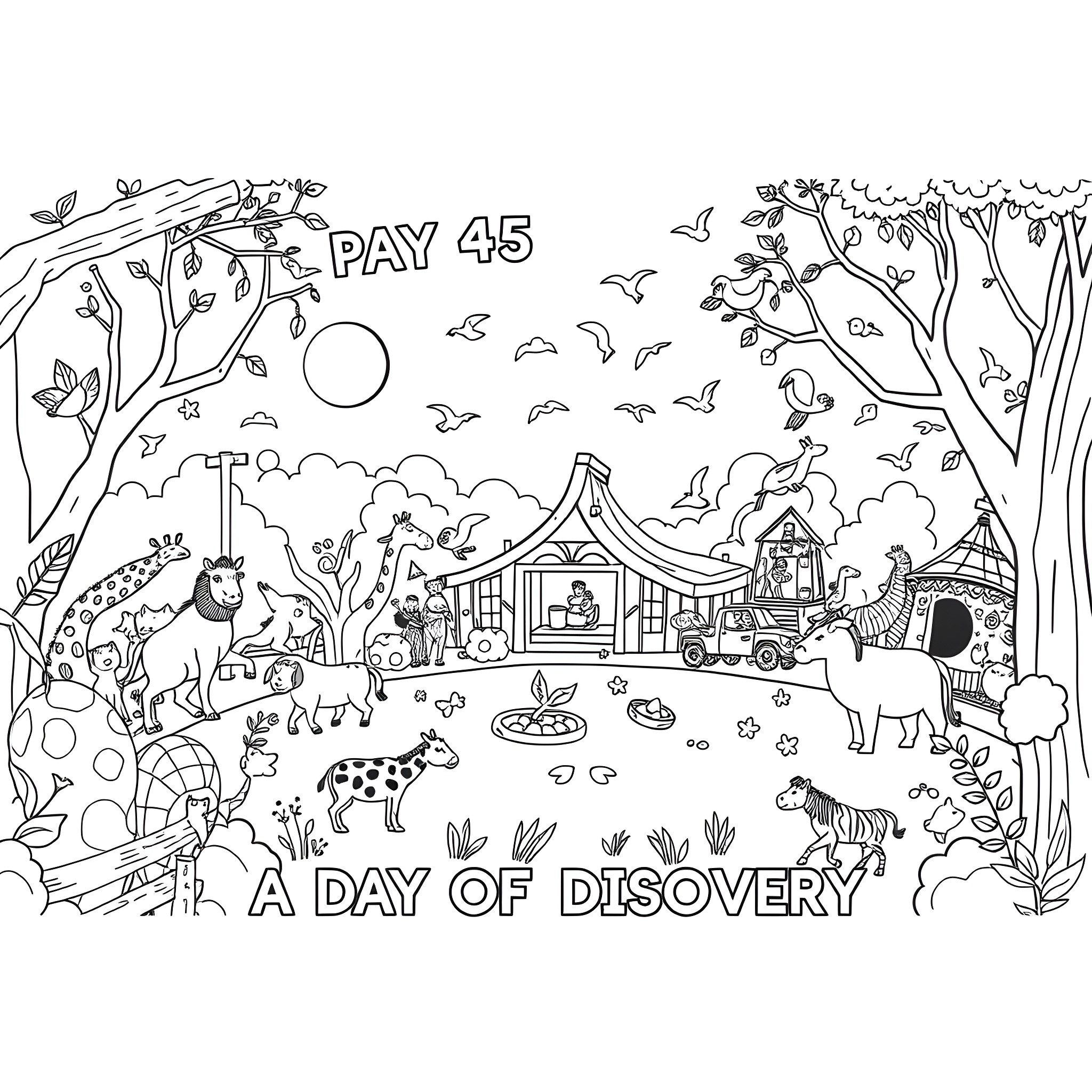 Zoo Day of Discovery Coloring Page (free black-and-white line drawing printable PDF for all, from beginners to advanced learners, including children, teens, adults, and seniors)