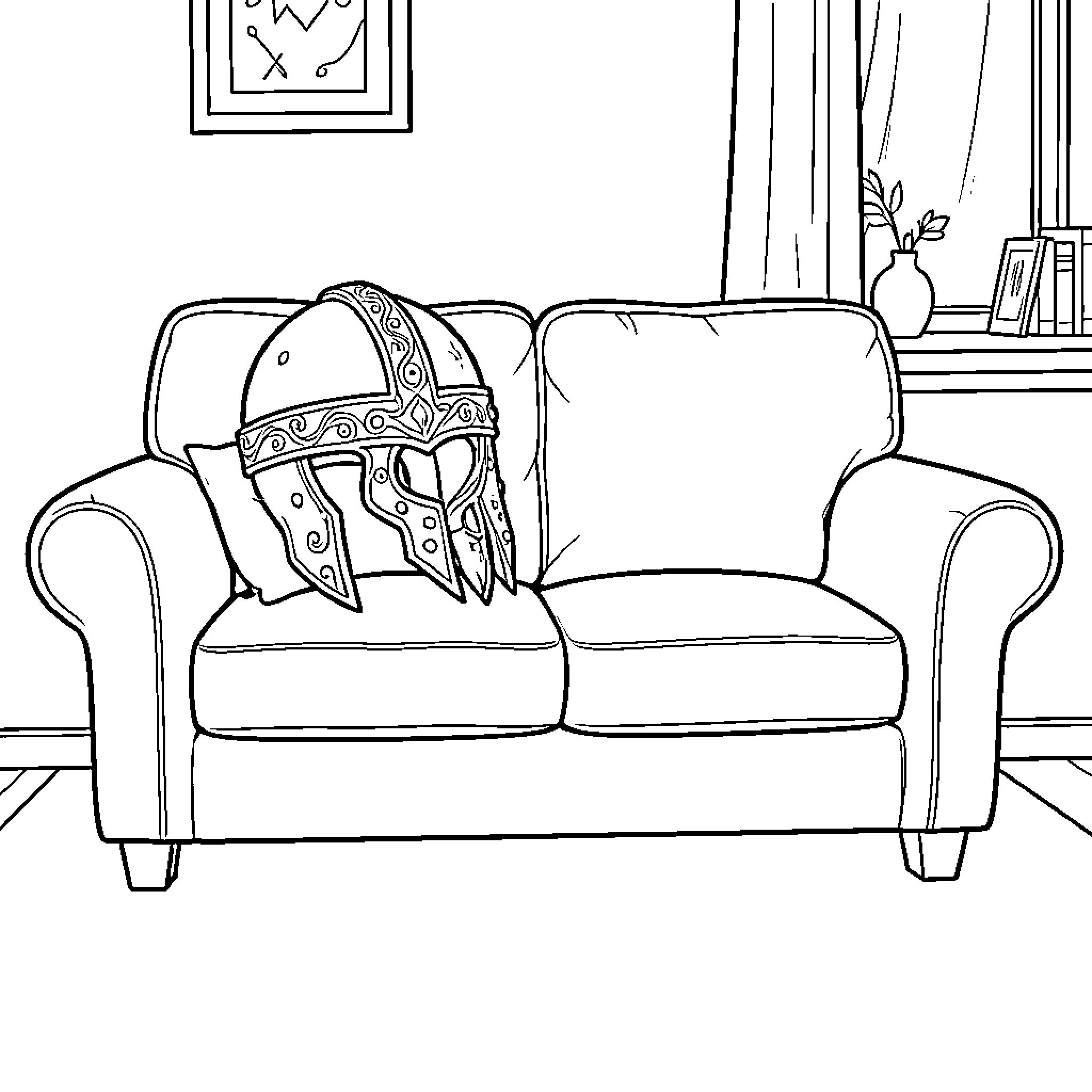 Canapé with ancient warrior's helmet Coloring Page (free black-and-white line drawing printable PDF for all, from beginners to advanced learners, including children, teens, adults, and seniors)