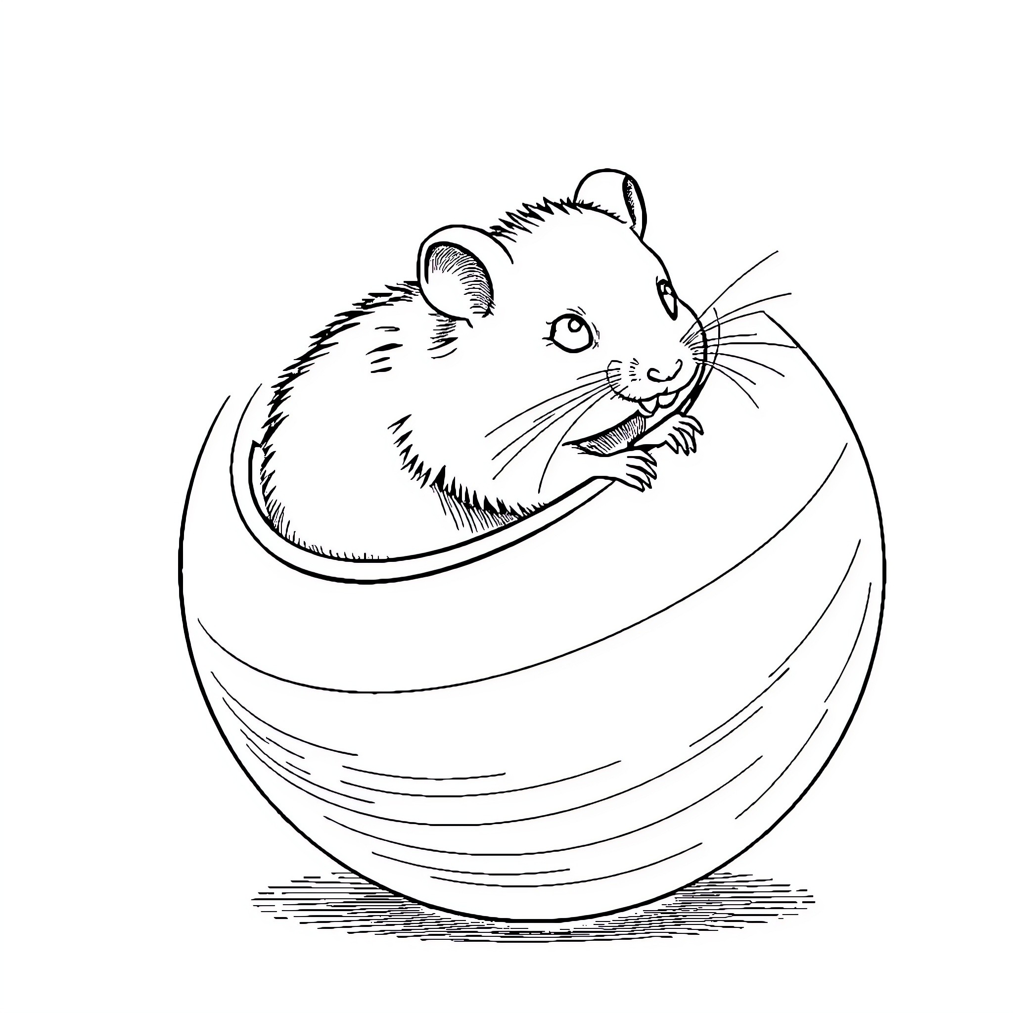 Hamster resting comfortably in a cozy sphere Coloring Page (free black-and-white line drawing printable PDF for all, from beginners to advanced learners, including children, teens, adults, and seniors)