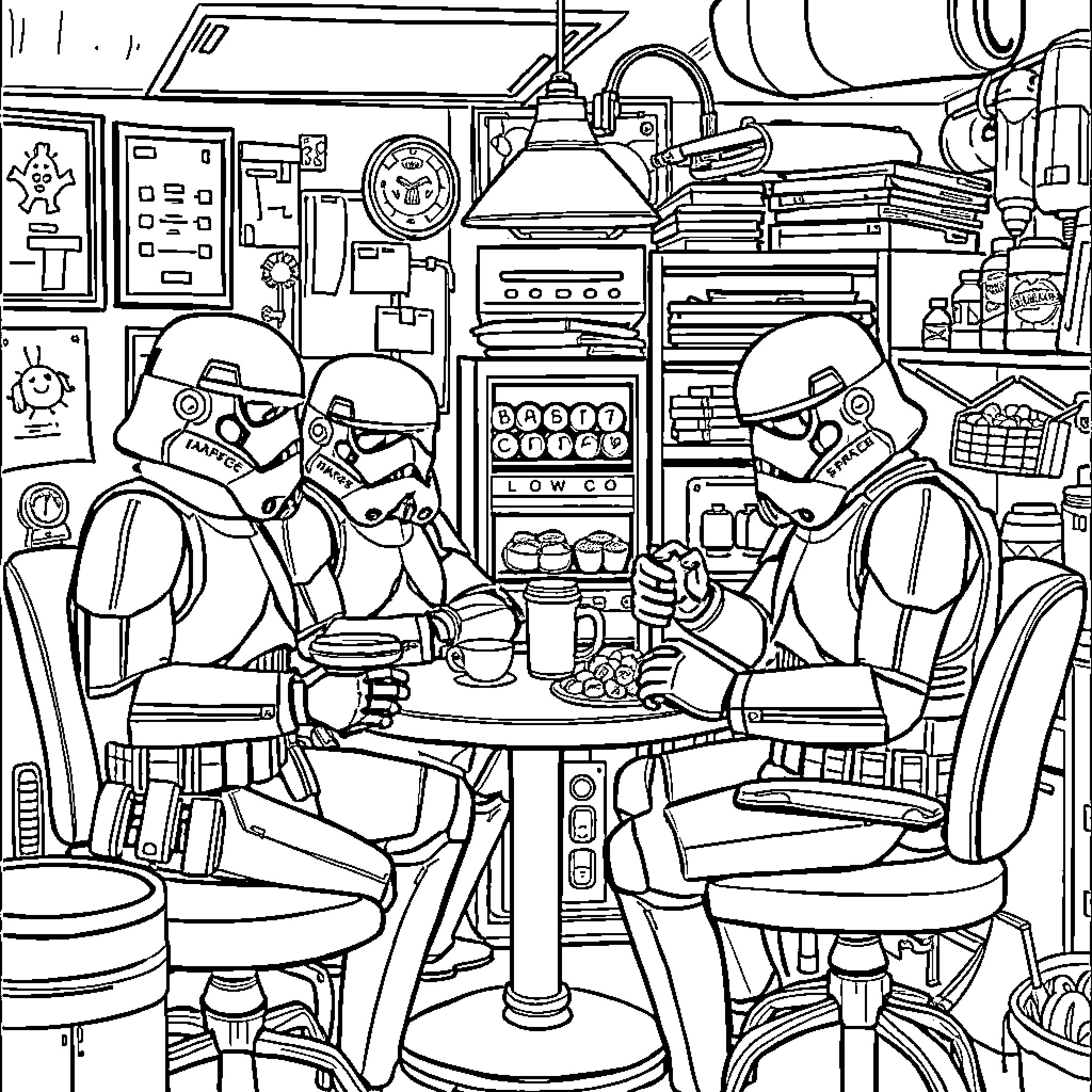 Stormtroopers enjoying a break in the cantina Coloring Page (free black-and-white line drawing printable PDF for all, from beginners to advanced learners, including children, teens, adults, and seniors)