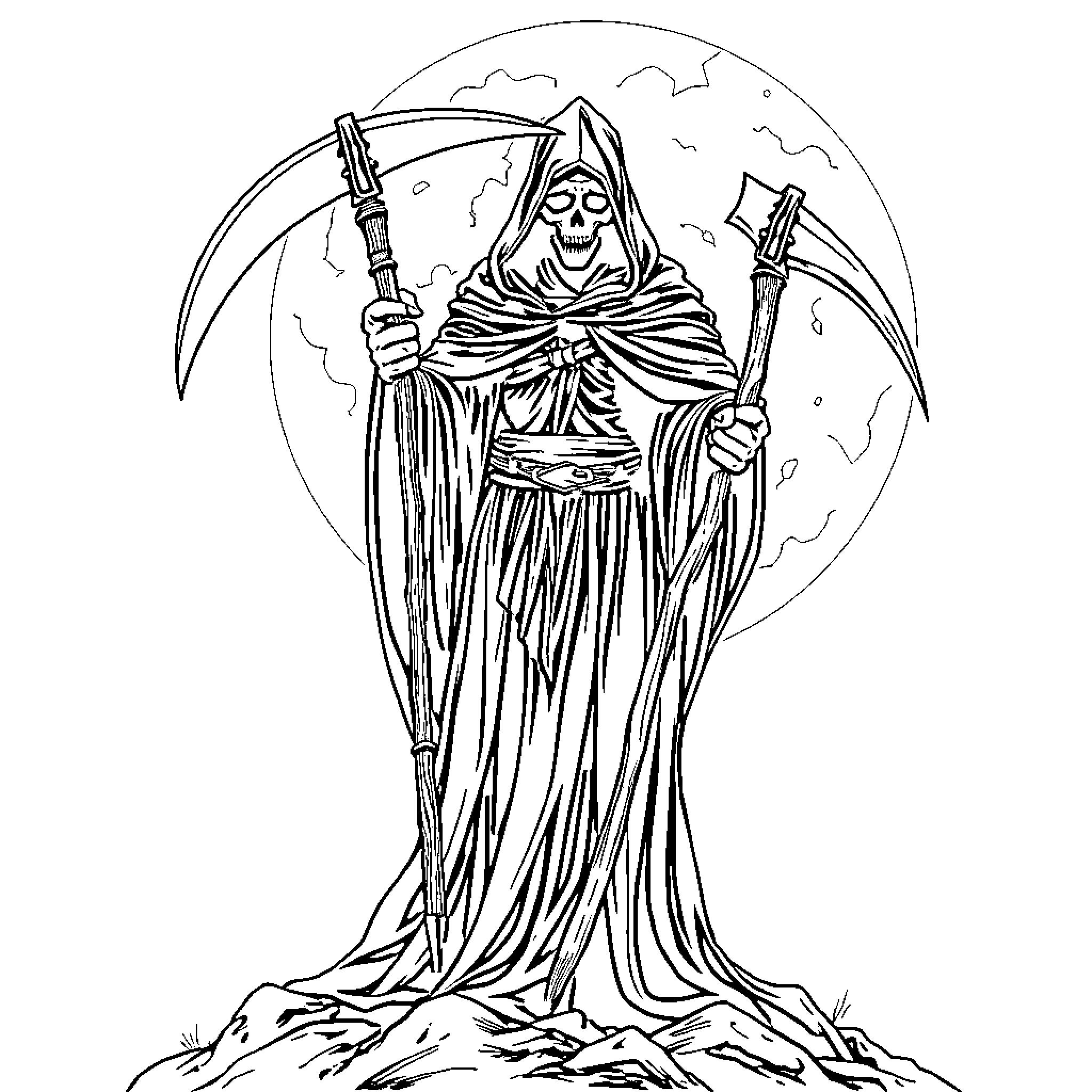 Reaper Wielding Scythe in Eerie Landscape Coloring Page (free black-and-white line drawing printable PDF for all, from beginners to advanced learners, including children, teens, adults, and seniors)