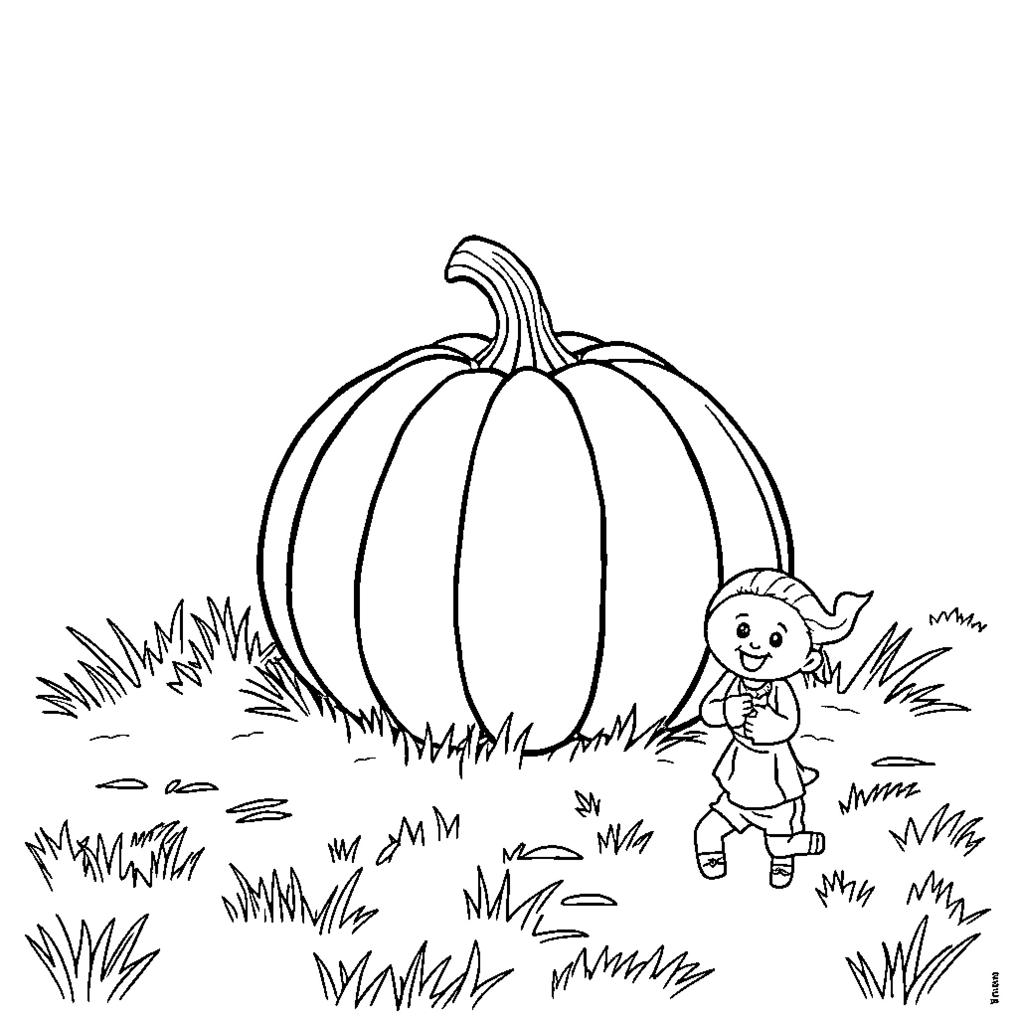 Pumpkin with a friendly character in a grassy field Coloring Page (free black-and-white line drawing printable PDF for all, from beginners to advanced learners, including children, teens, adults, and seniors)