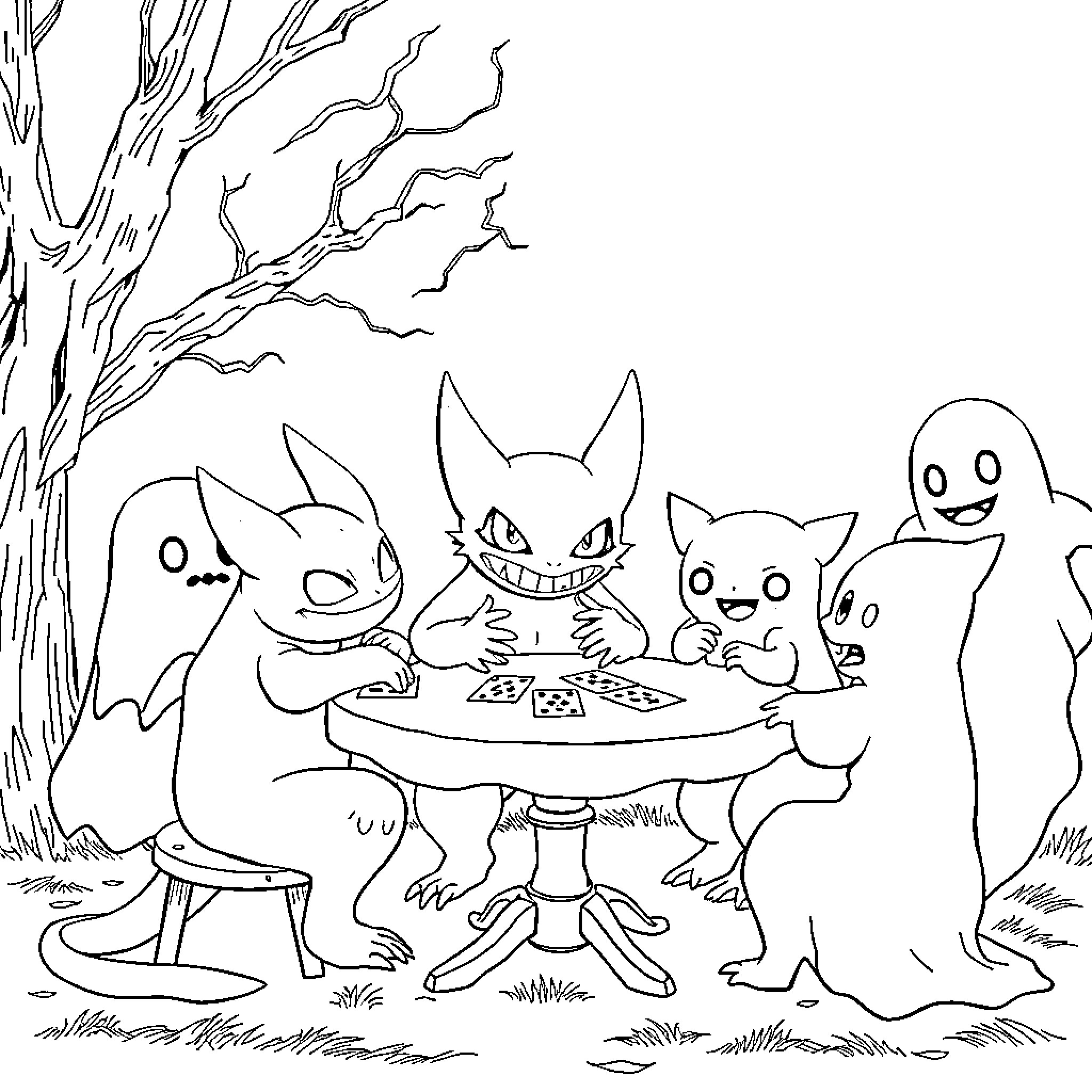 Gengar and friends playing a spooky card game in the forest Coloring Page (free black-and-white line drawing printable PDF for all, from beginners to advanced learners, including children, teens, adults, and seniors)