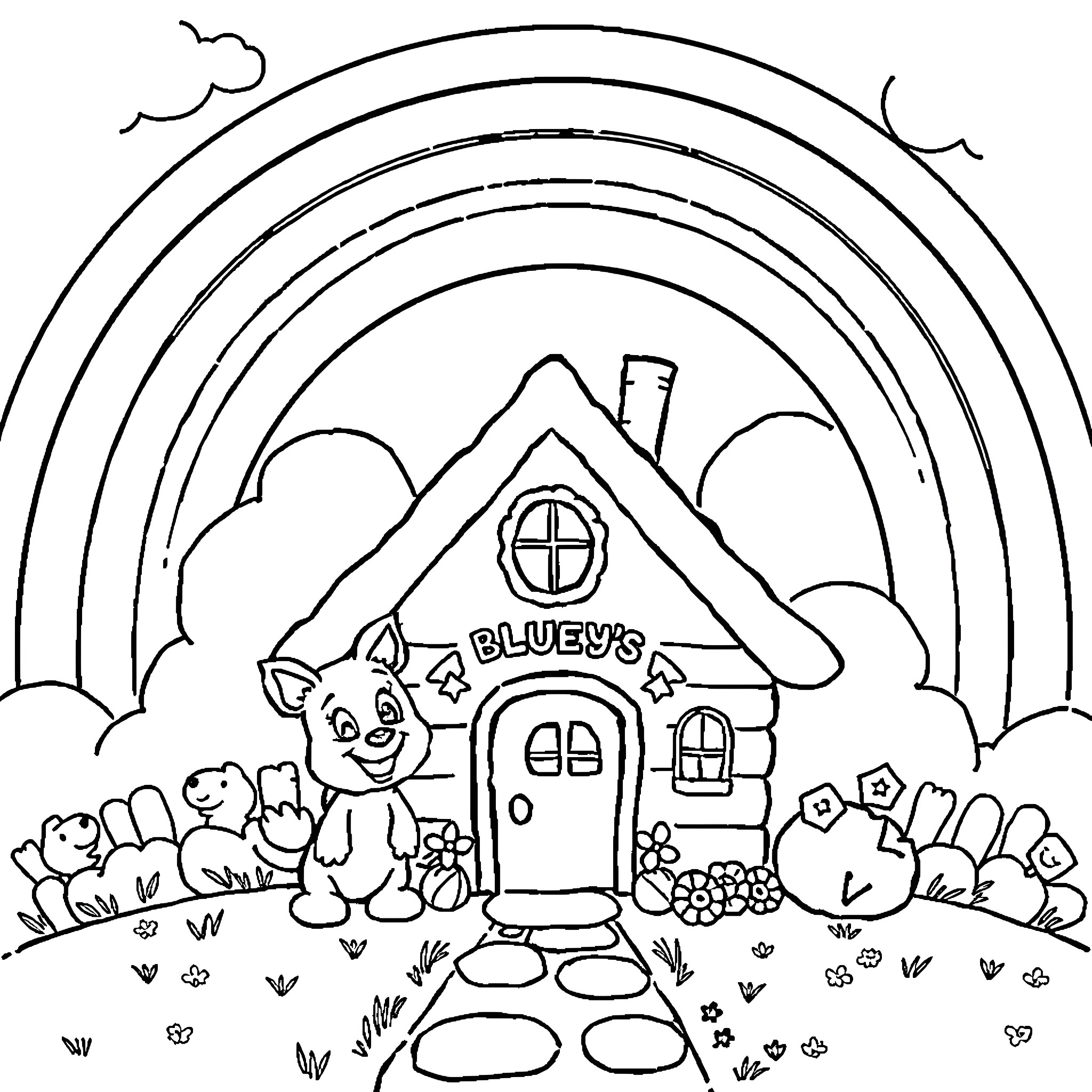 House with pets and rainbow in the countryside Coloring Page (free black-and-white line drawing printable PDF for all, from beginners to advanced learners, including children, teens, adults, and seniors)