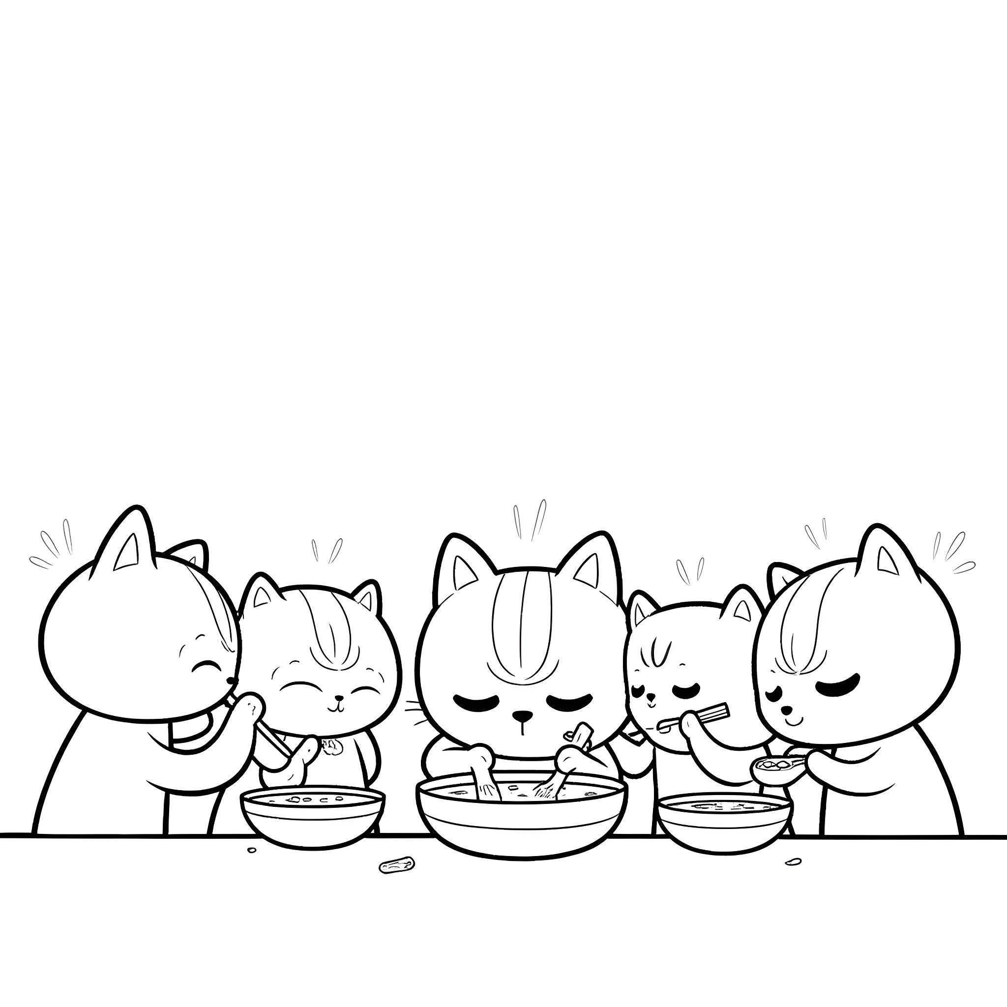 Cats enjoying a meal together Coloring Page (free black-and-white line drawing printable PDF for all, from beginners to advanced learners, including children, teens, adults, and seniors)