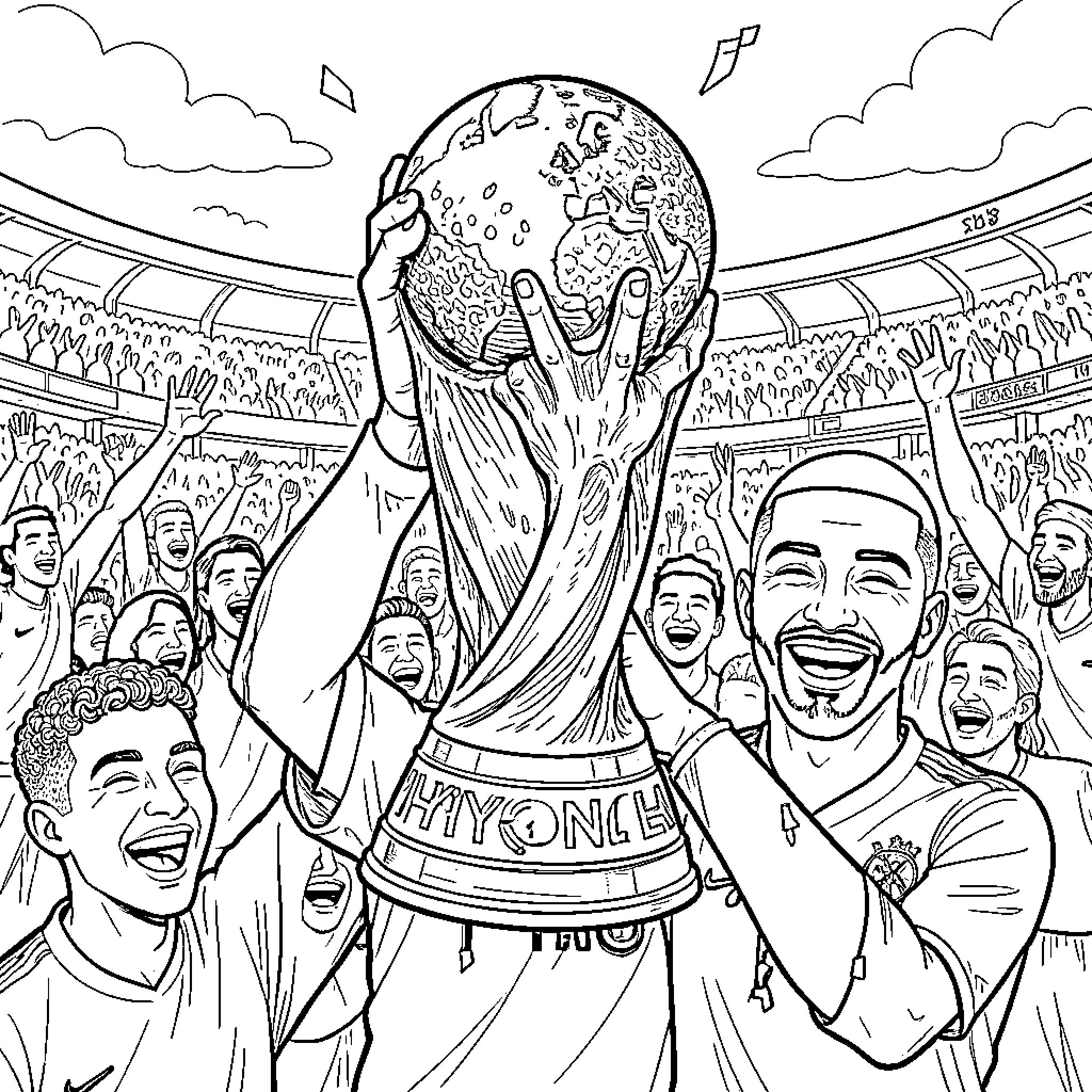 Trophy being lifted by celebrating soccer players in a stadium Coloring Page (free black-and-white line drawing printable PDF for all, from beginners to advanced learners, including children, teens, adults, and seniors)