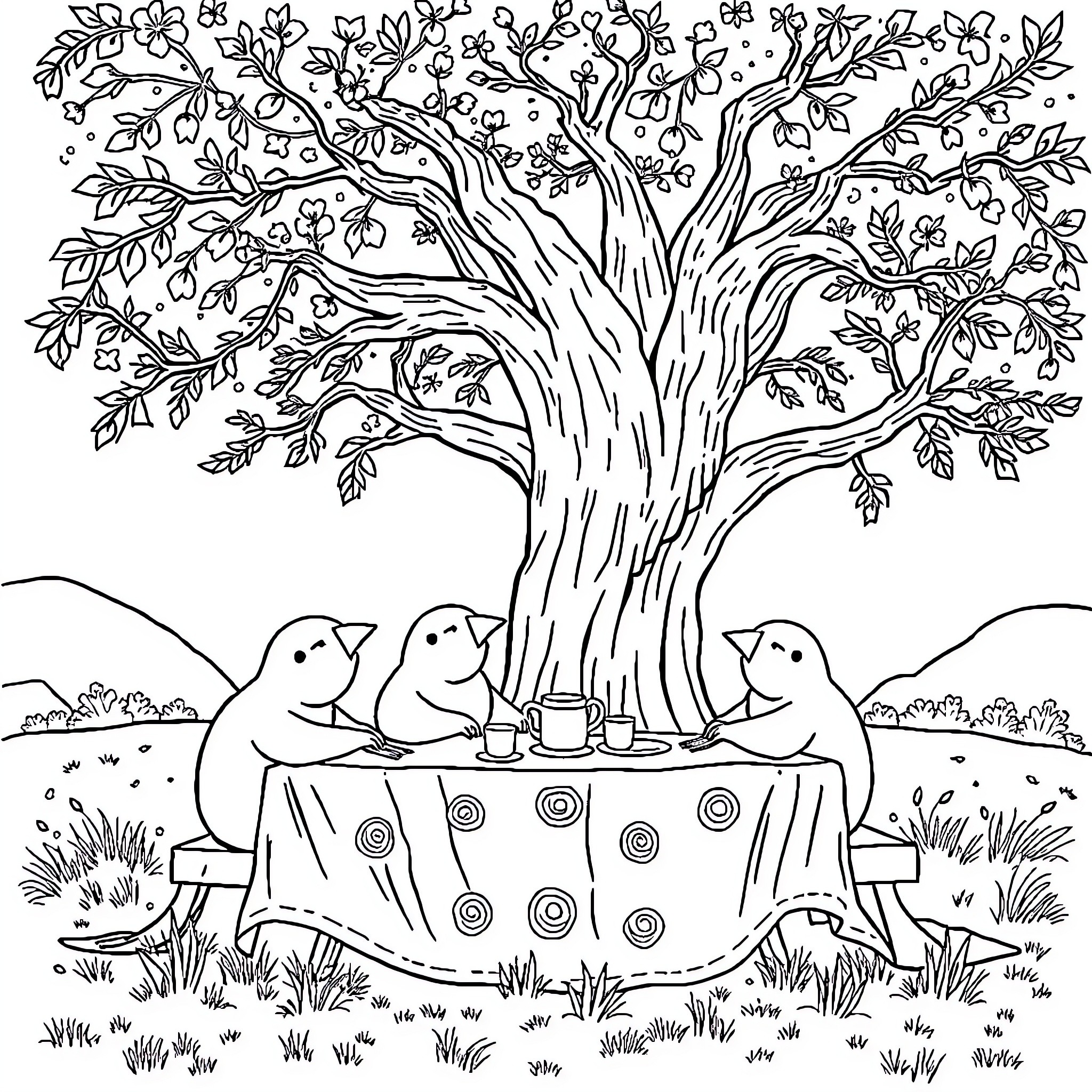 Barbapapa's Whimsical Picnic Under the Blossoming Tree Coloring Page (free black-and-white line drawing printable PDF for all, from beginners to advanced learners, including children, teens, adults, and seniors)