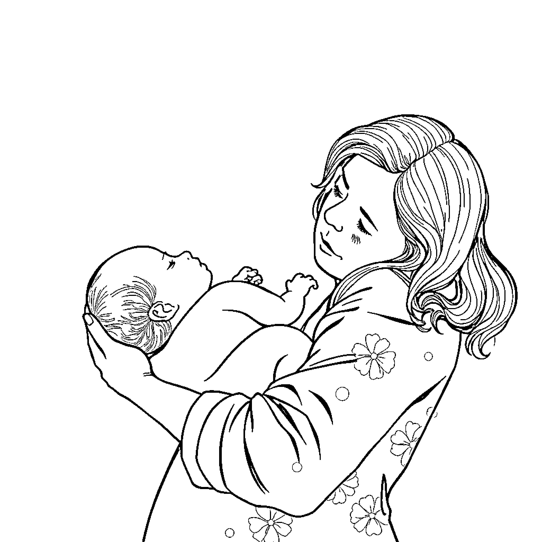 Mother embracing sleeping newborn Coloring Page (free black-and-white line drawing printable PDF for all, from beginners to advanced learners, including children, teens, adults, and seniors)