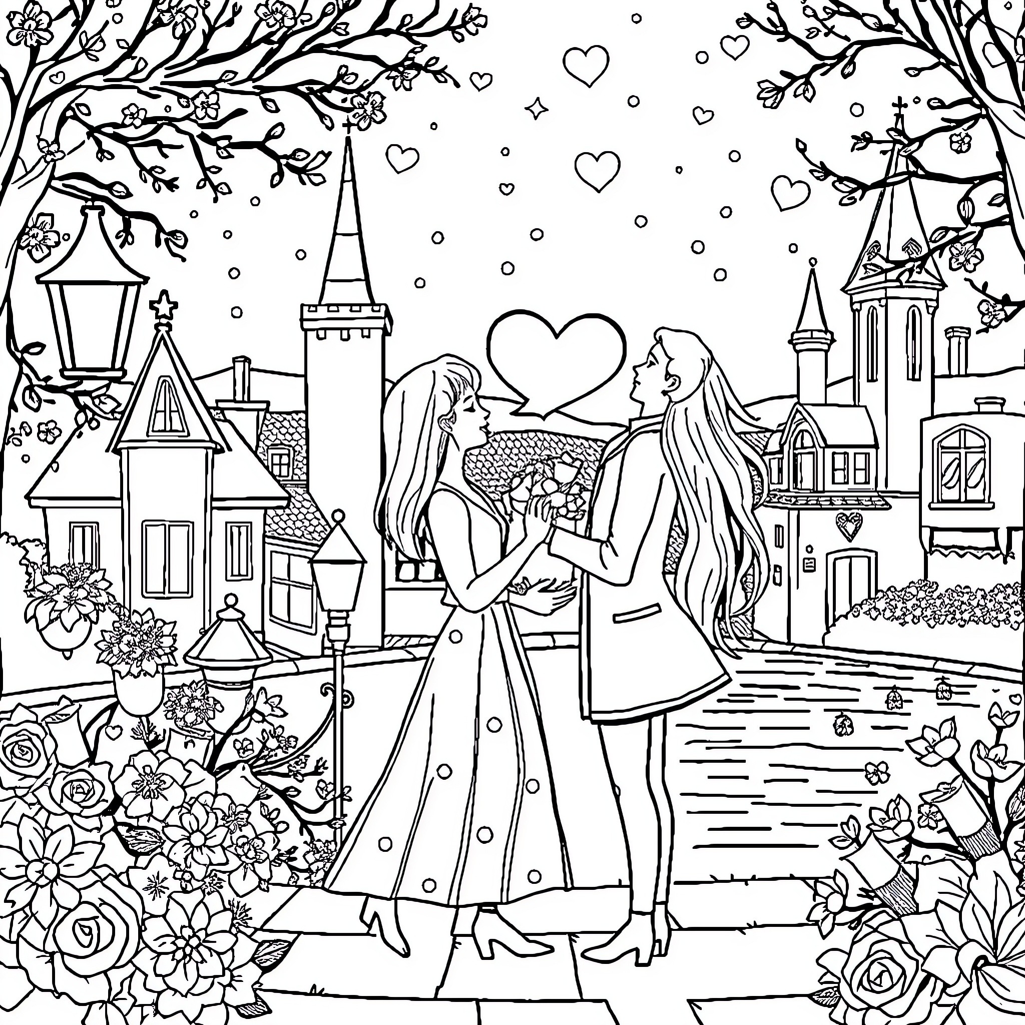 Histoire of Two Embracing Figures in a Romantic Town Coloring Page (free black-and-white line drawing printable PDF for all, from beginners to advanced learners, including children, teens, adults, and seniors)