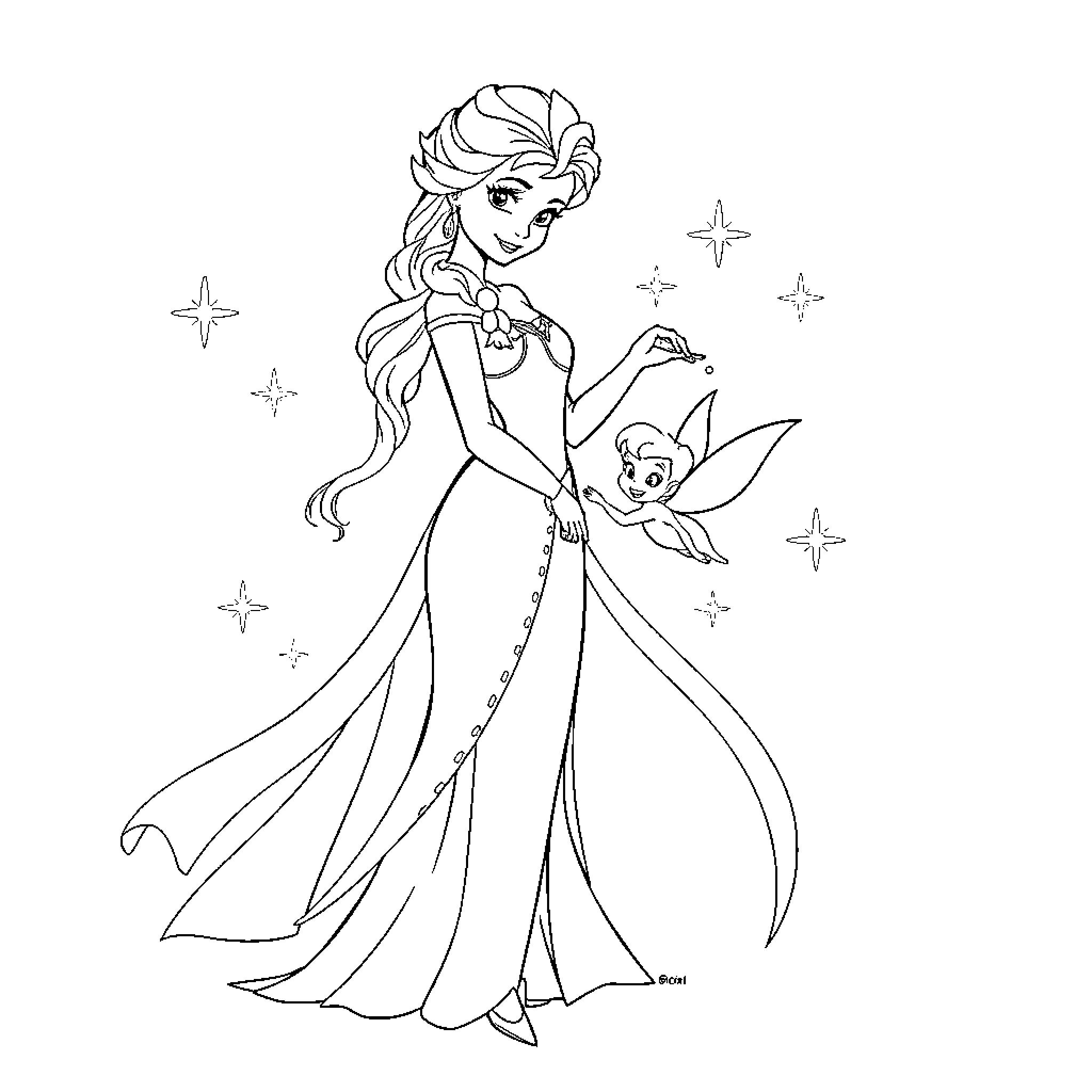 Elsa in a regal gown with a small companion Coloring Page (free black-and-white line drawing printable PDF for all, from beginners to advanced learners, including children, teens, adults, and seniors)