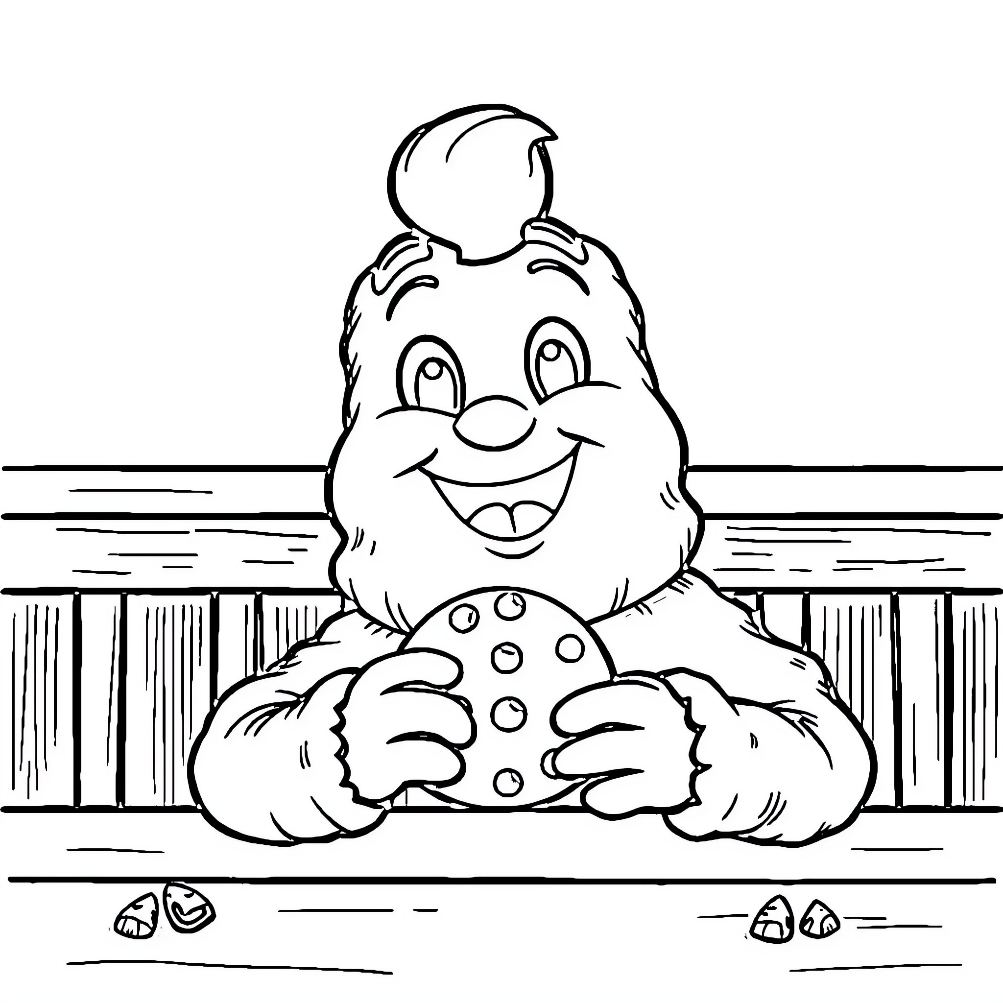 Heb Buddy happy creature holding cookie Coloring Page (free black-and-white line drawing printable PDF for all, from beginners to advanced learners, including children, teens, adults, and seniors)