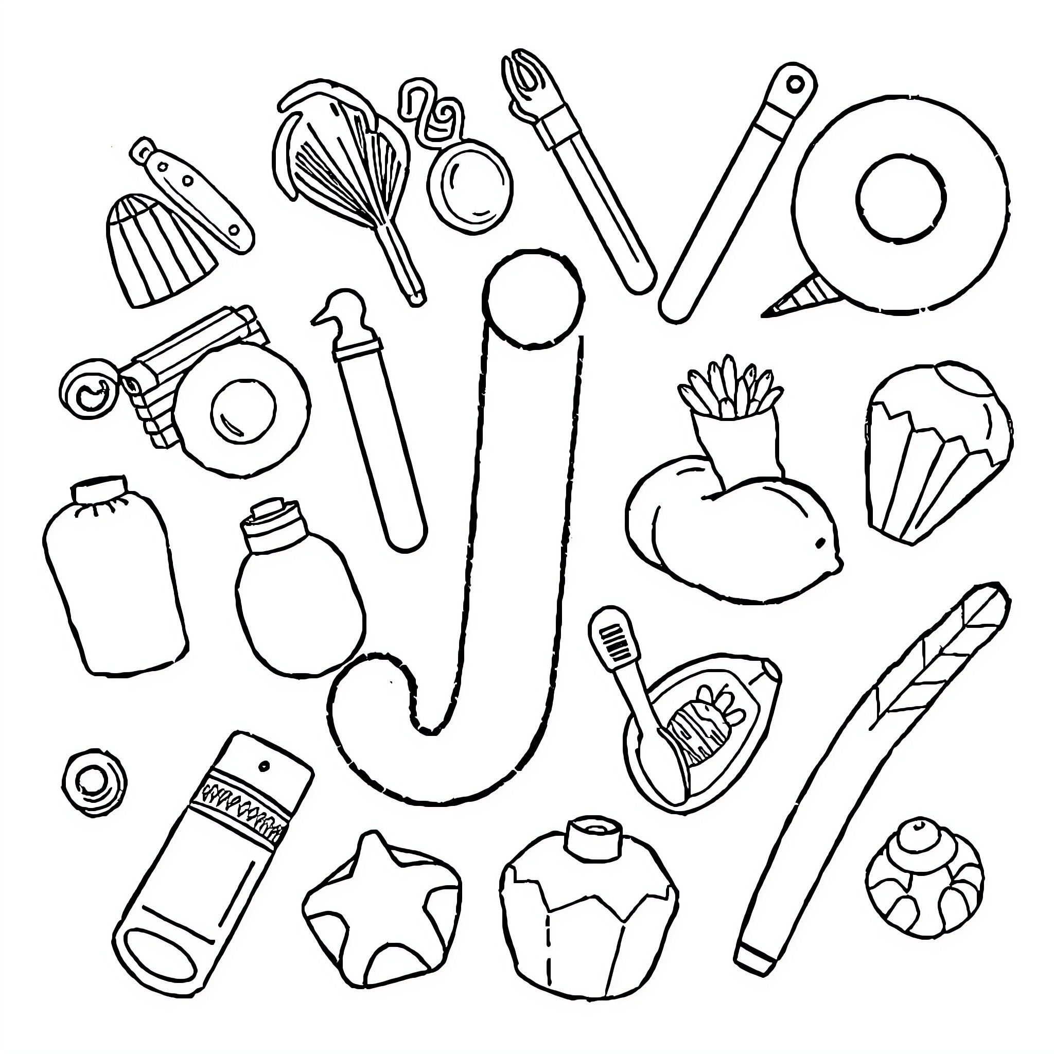 Joyful Assortment of Everyday Household Items Coloring Page (free black-and-white line drawing printable PDF for all, from beginners to advanced learners, including children, teens, adults, and seniors)