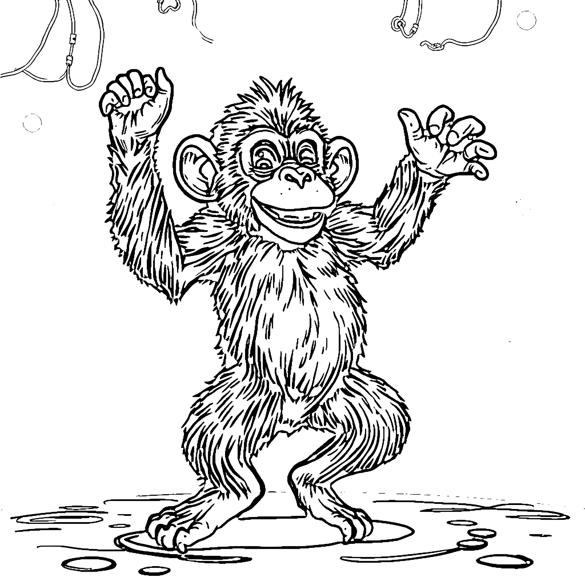 Monkey dancing happily with excitement Coloring Page (free black-and-white line drawing printable PDF for all, from beginners to advanced learners, including children, teens, adults, and seniors)
