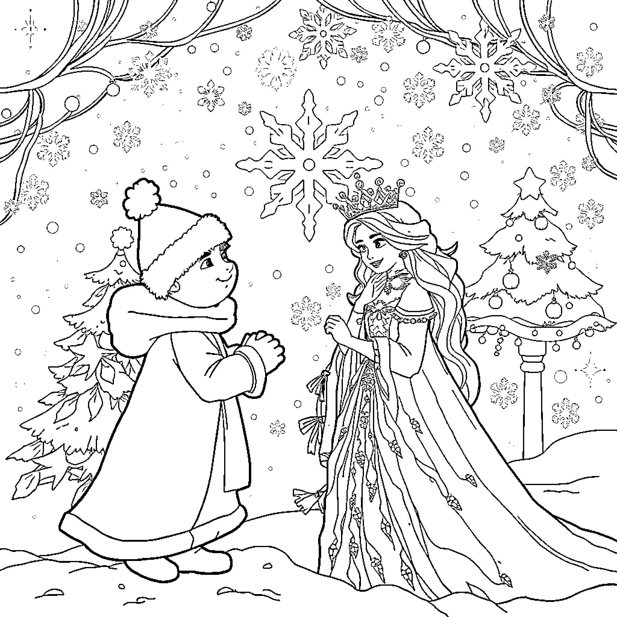 Snow Queen meets a young admirer in winter wonderland Coloring Page (free black-and-white line drawing printable PDF for all, from beginners to advanced learners, including children, teens, adults, and seniors)