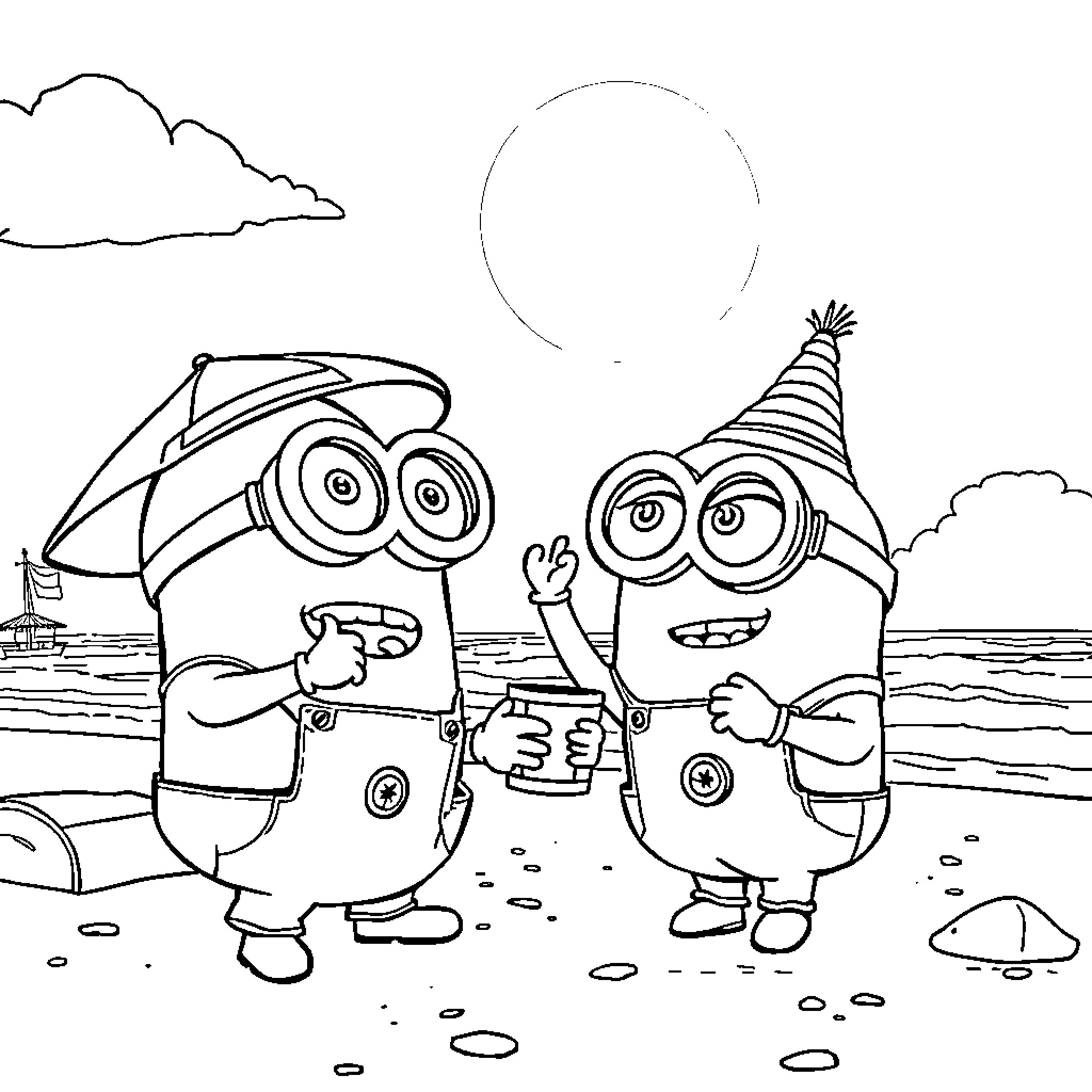 Minions enjoying a day at the beach Coloring Page (free black-and-white line drawing printable PDF for all, from beginners to advanced learners, including children, teens, adults, and seniors)